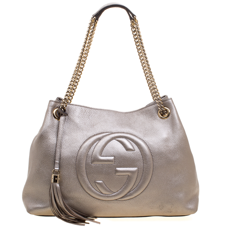 مملوكة مسبقًا Gucci Metallic Grey Leather Medium Soho Tote