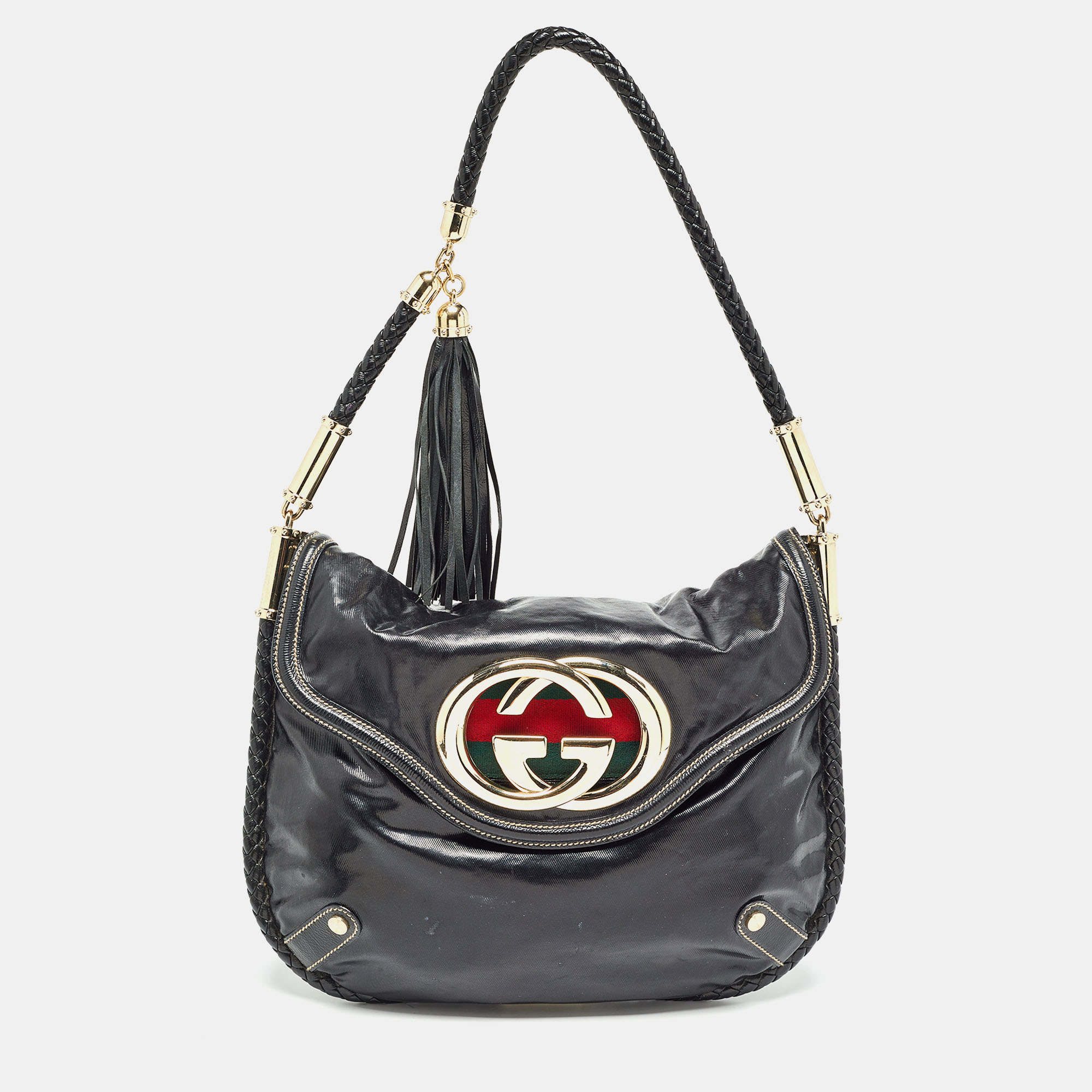 

Gucci Black Coated Canvas and Leather Britt Tassel Hobo