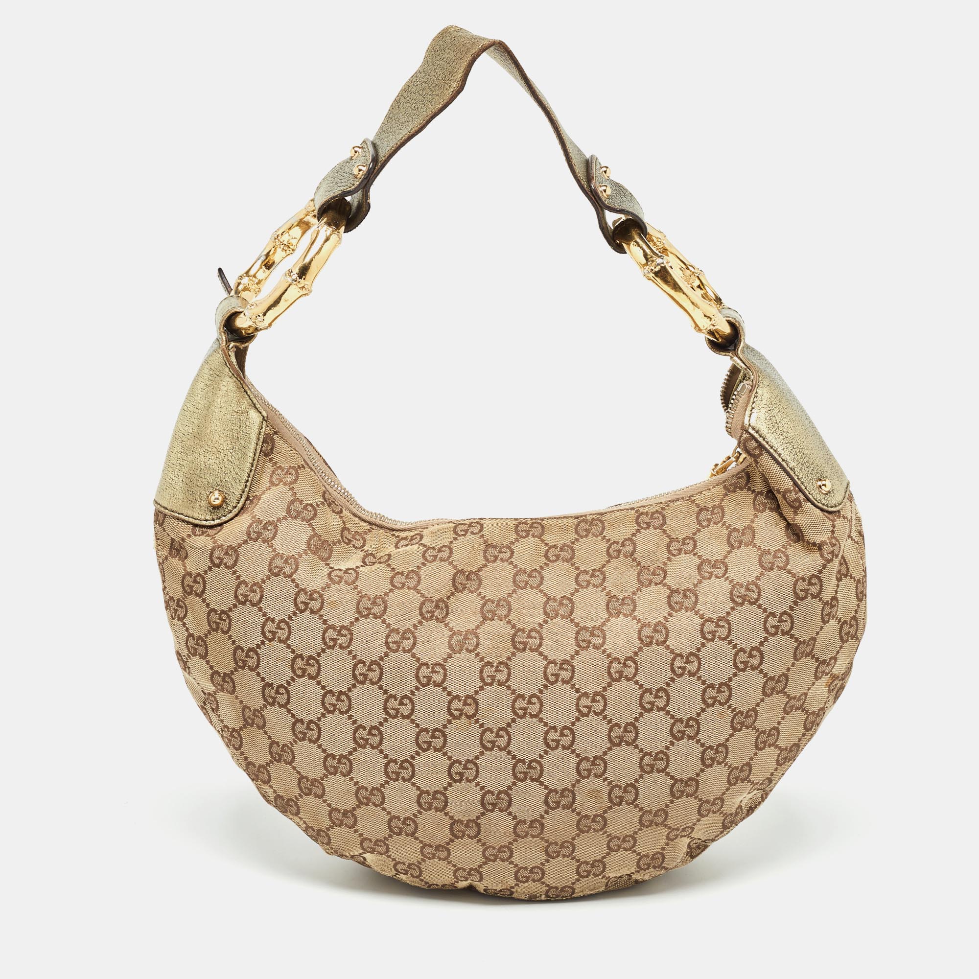 Pre-owned Gucci Green/beige Gg Canvas And Leather Metal Bamboo Ring Hobo