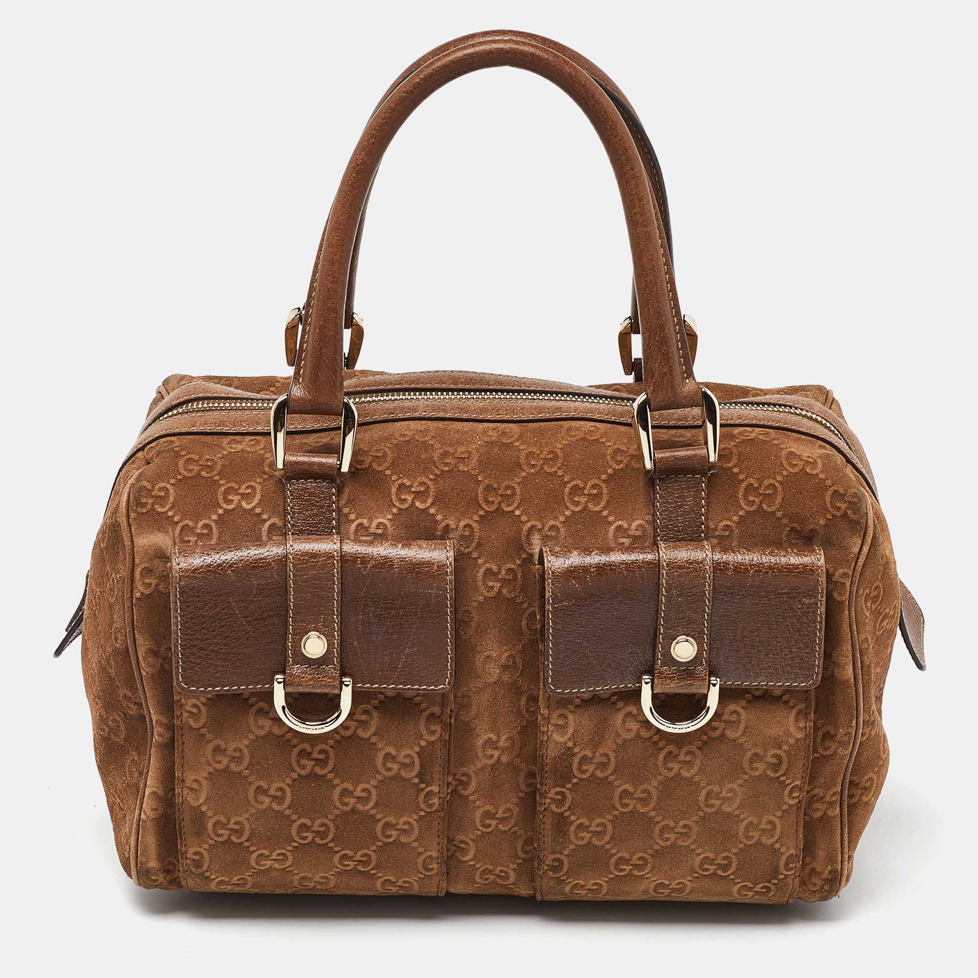 

Gucci Brown GG Suede and Leather Boston Bag