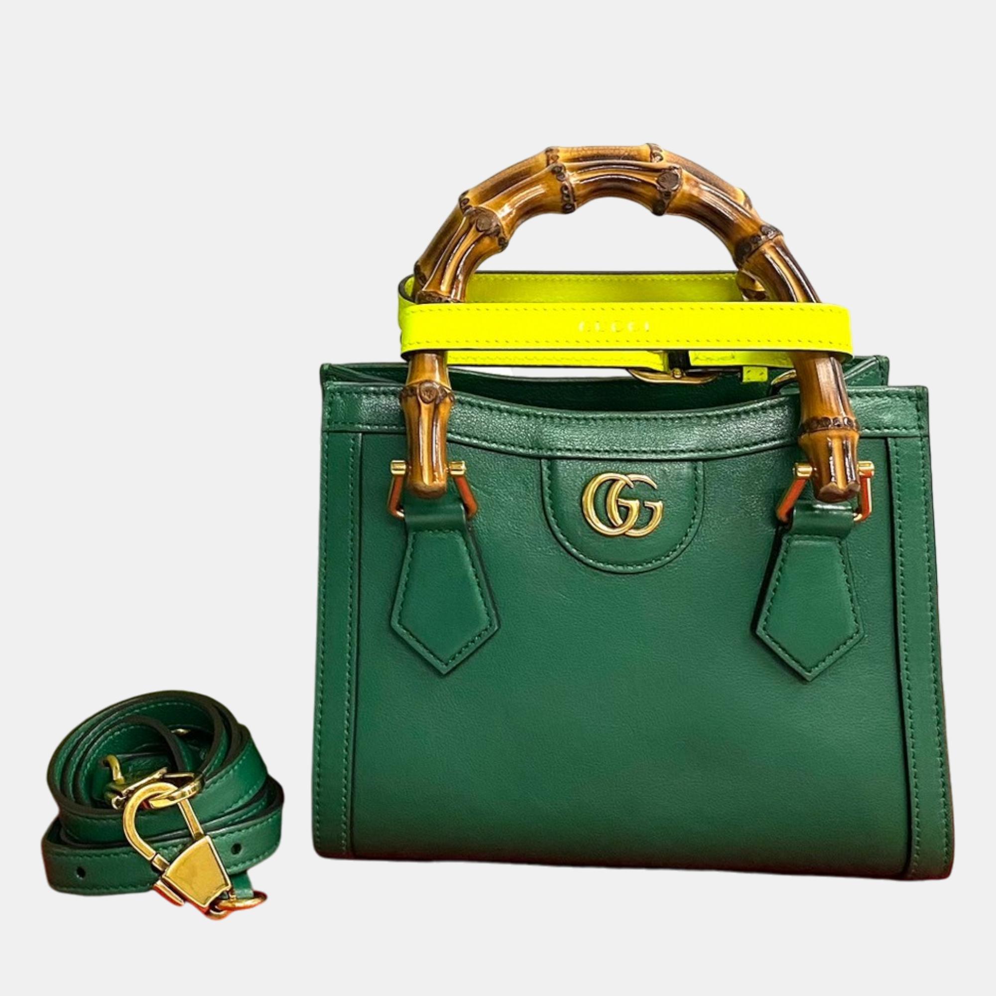 Pre-owned Gucci Green Leather Mini Bamboo Diana Tote Bag