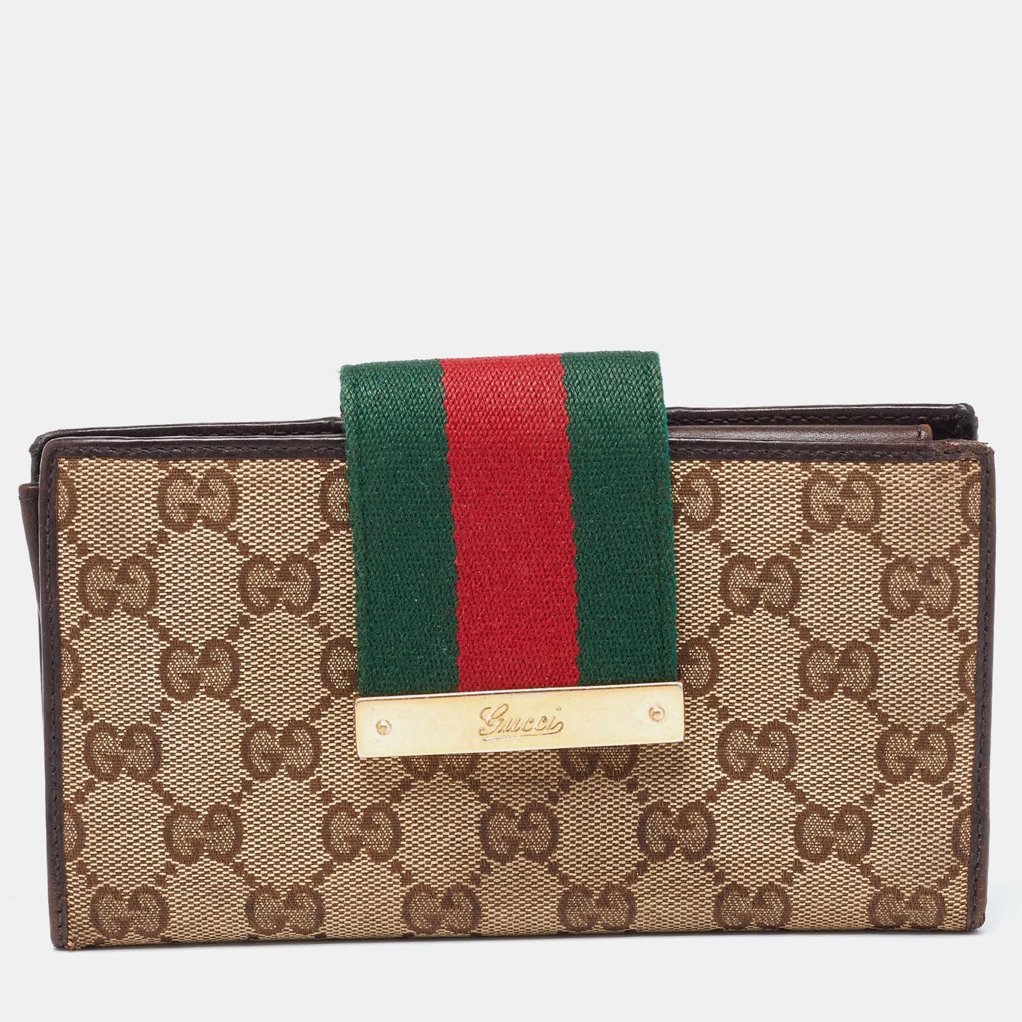 Pre-owned Gucci Beige/ebony Gg Canvas And Leather Ladies Web Continental Wallet