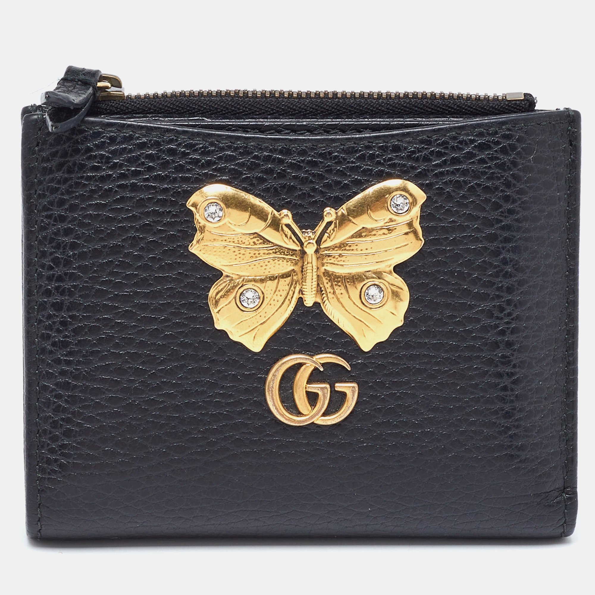 

Gucci Black Leather GG Marmont Butterfly Bifold Zip Wallet