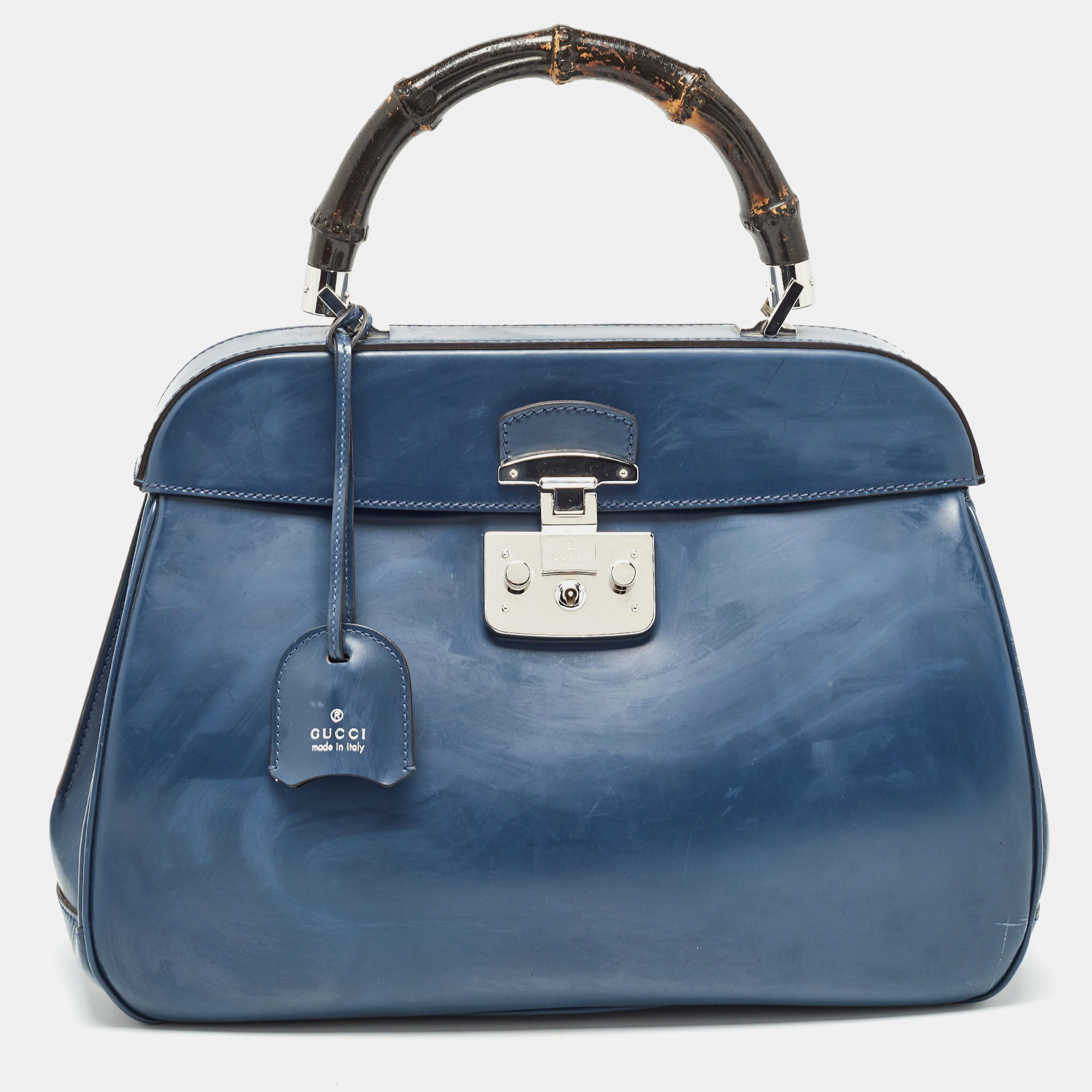 

Gucci Navy Blue Leather  Lady Lock Bamboo Top Handle Bag