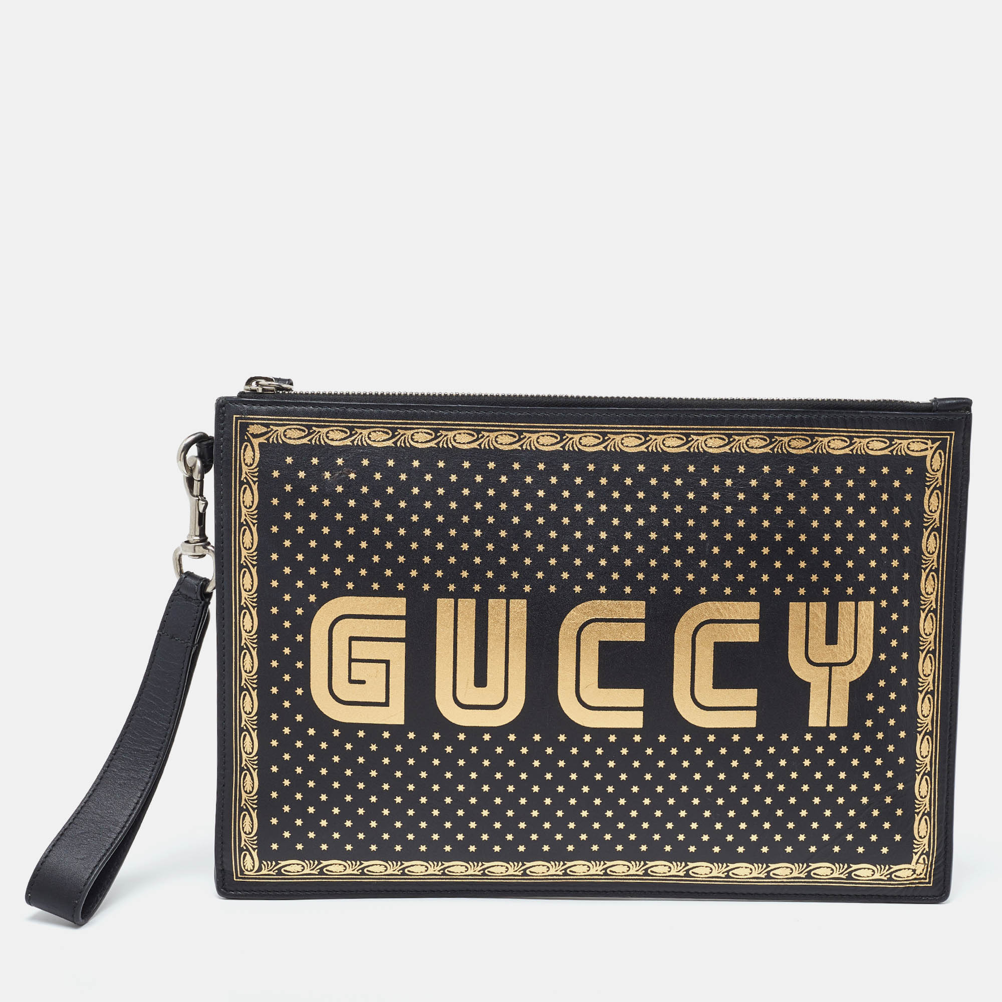 

Gucci Black Leather Guccy Star Wristlet Pouch