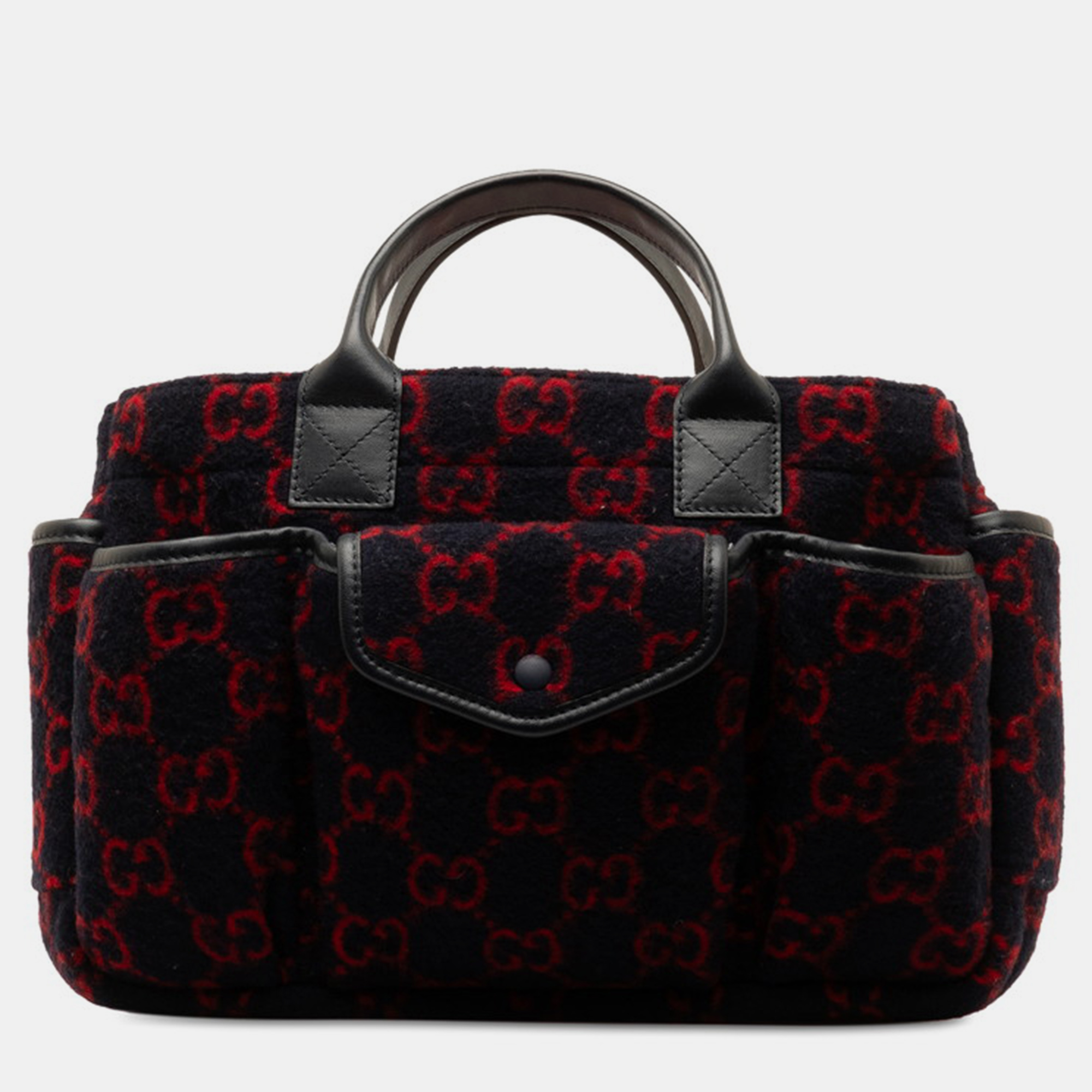 Pre-owned Gucci Black/red Wool Gg Top Handle Bag