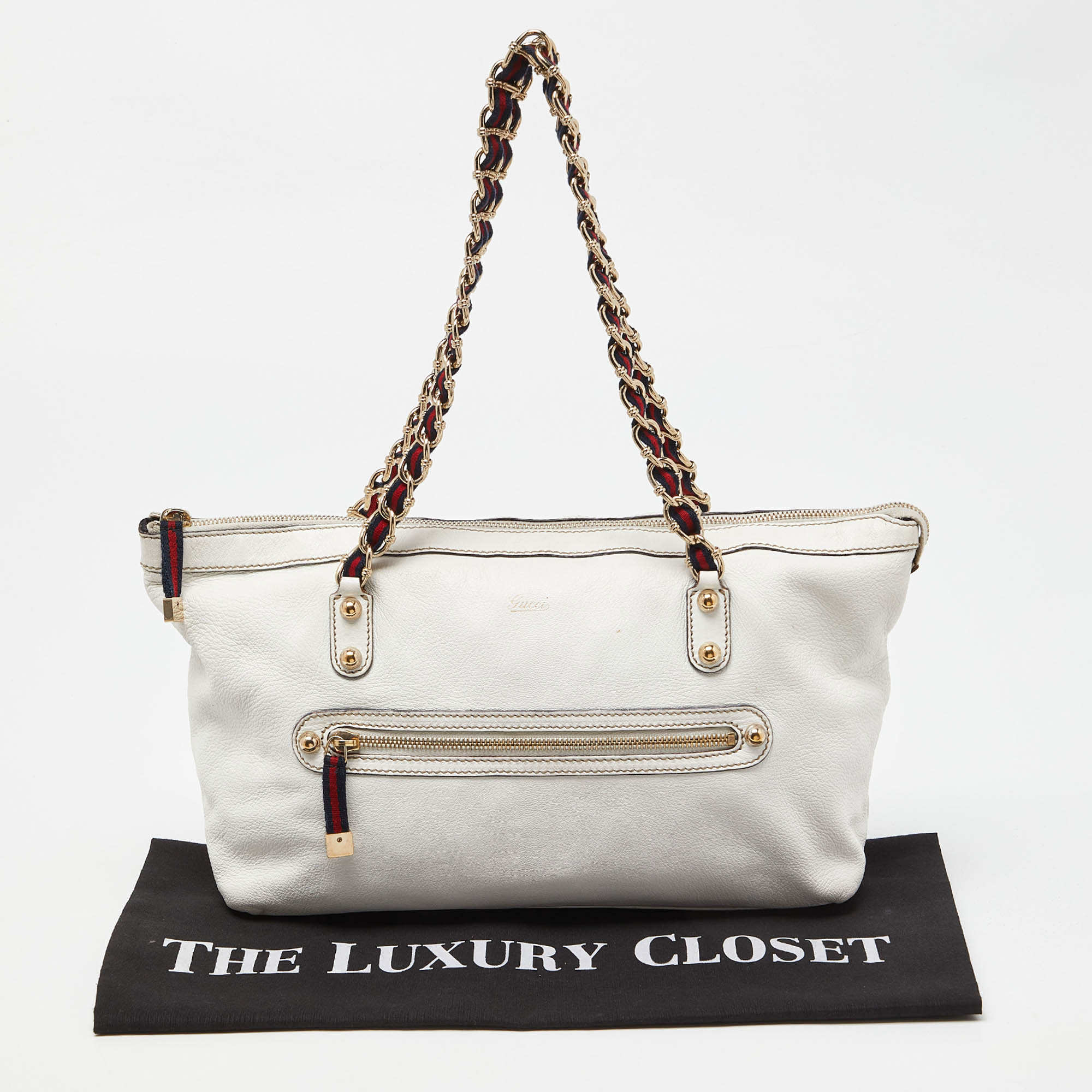 Gucci White Leather Front Zip Chain Tote 
