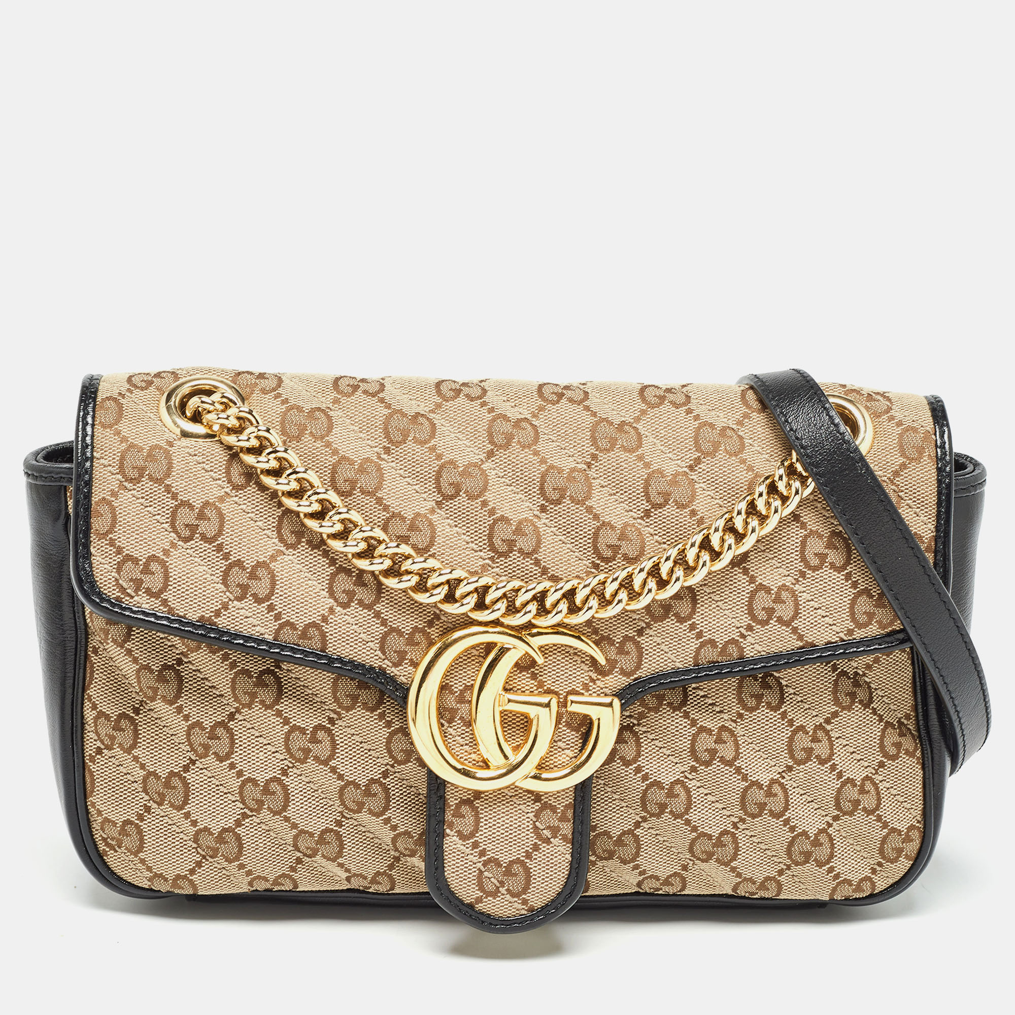 

Gucci Beige/Black Diagonal Quilted GG Canvas and Leather Small GG Marmont Shoulder Bag