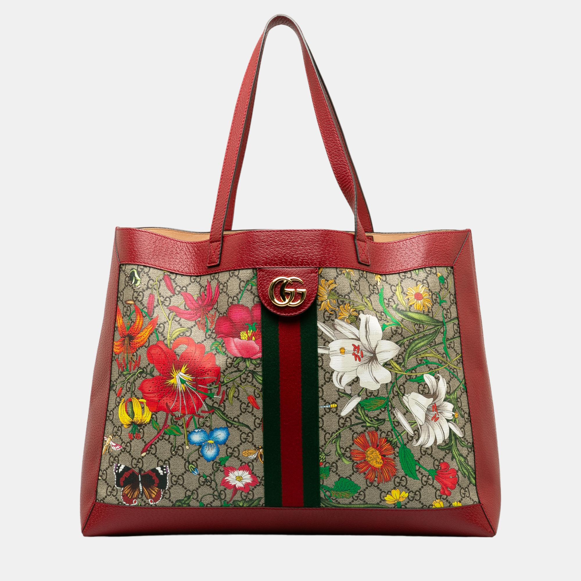 

Gucci Brown/Beige/Red Medium GG Supreme Flora Ophidia Tote Bag