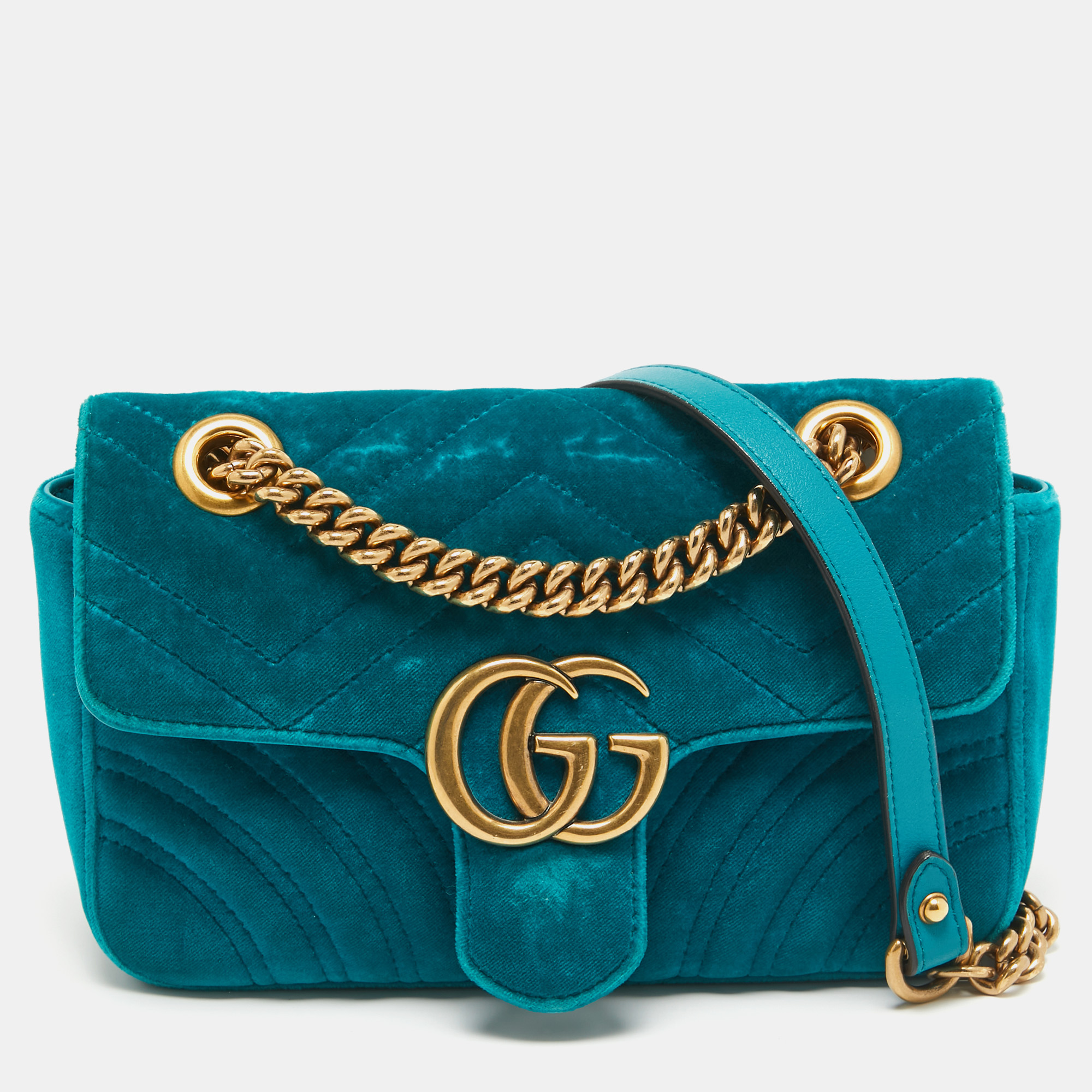 

Gucci Green Matelassé Velvet Mini GG Marmont Shoulder Bag