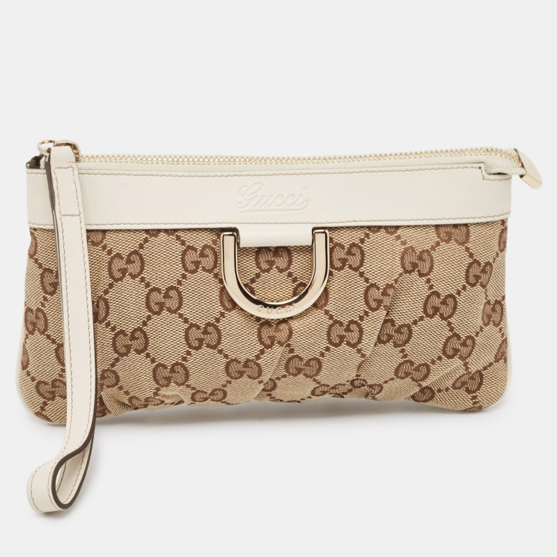

Gucci White/Beige GG Canvas and Leather Abbey D-Ring Wristlet Pouch