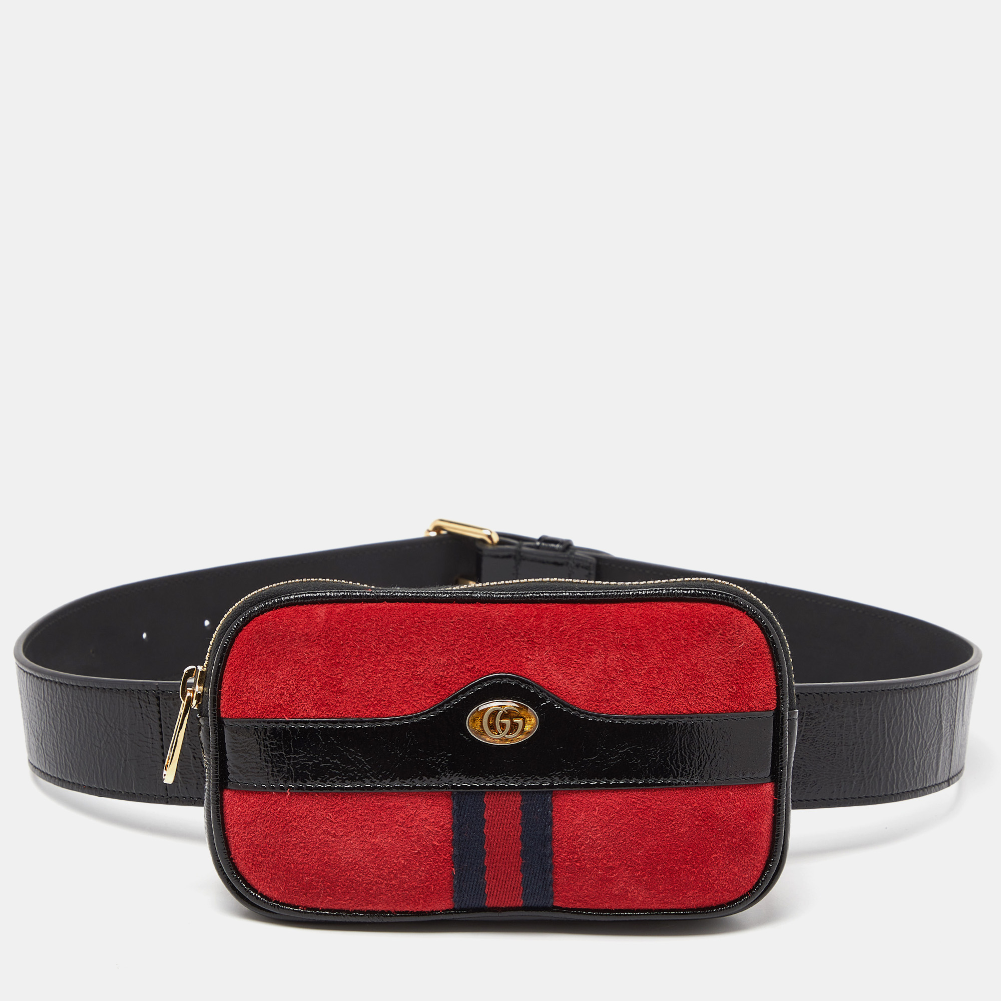 Pre-owned Gucci Red/black Suede And Patent Leather Ophidia Belt Bag