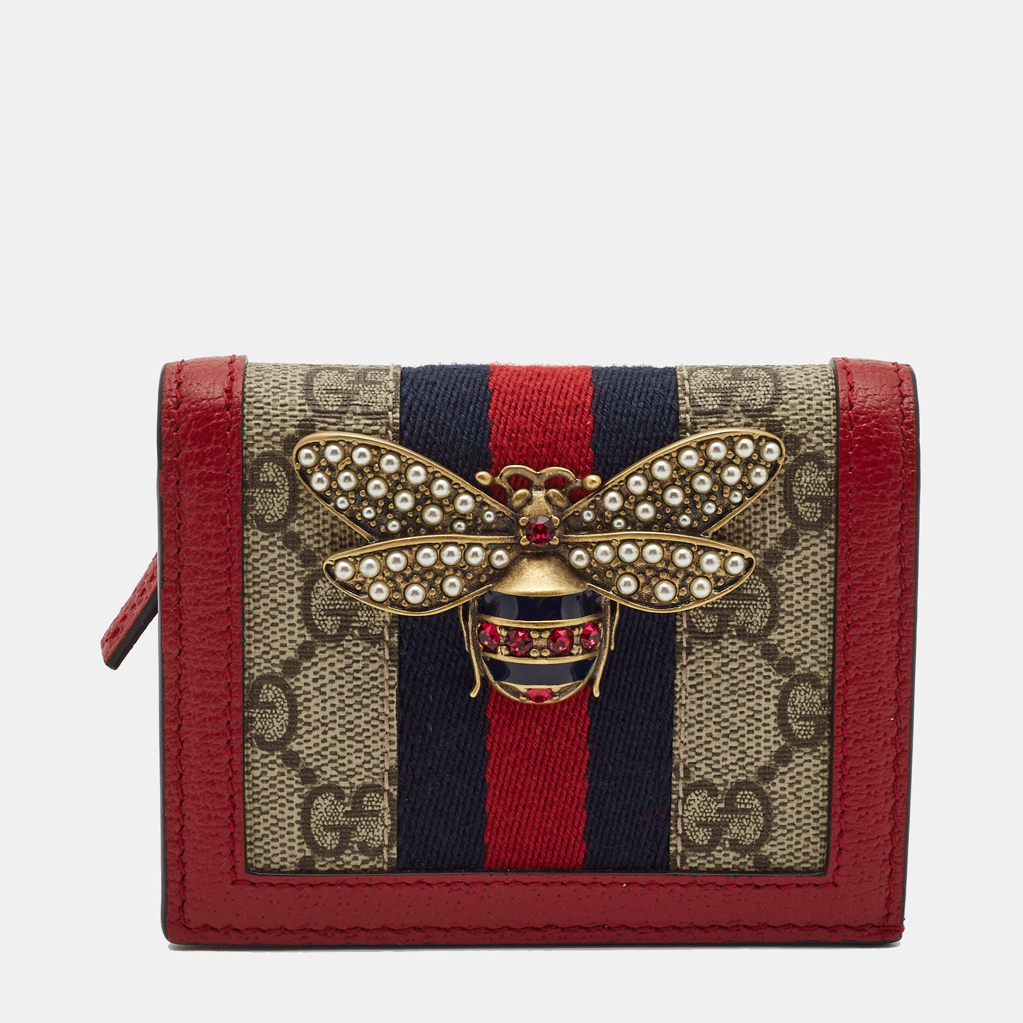 Pre-owned Gucci Red/beige Gg Supreme Canvas And Leather Queen Margaret Card Case
