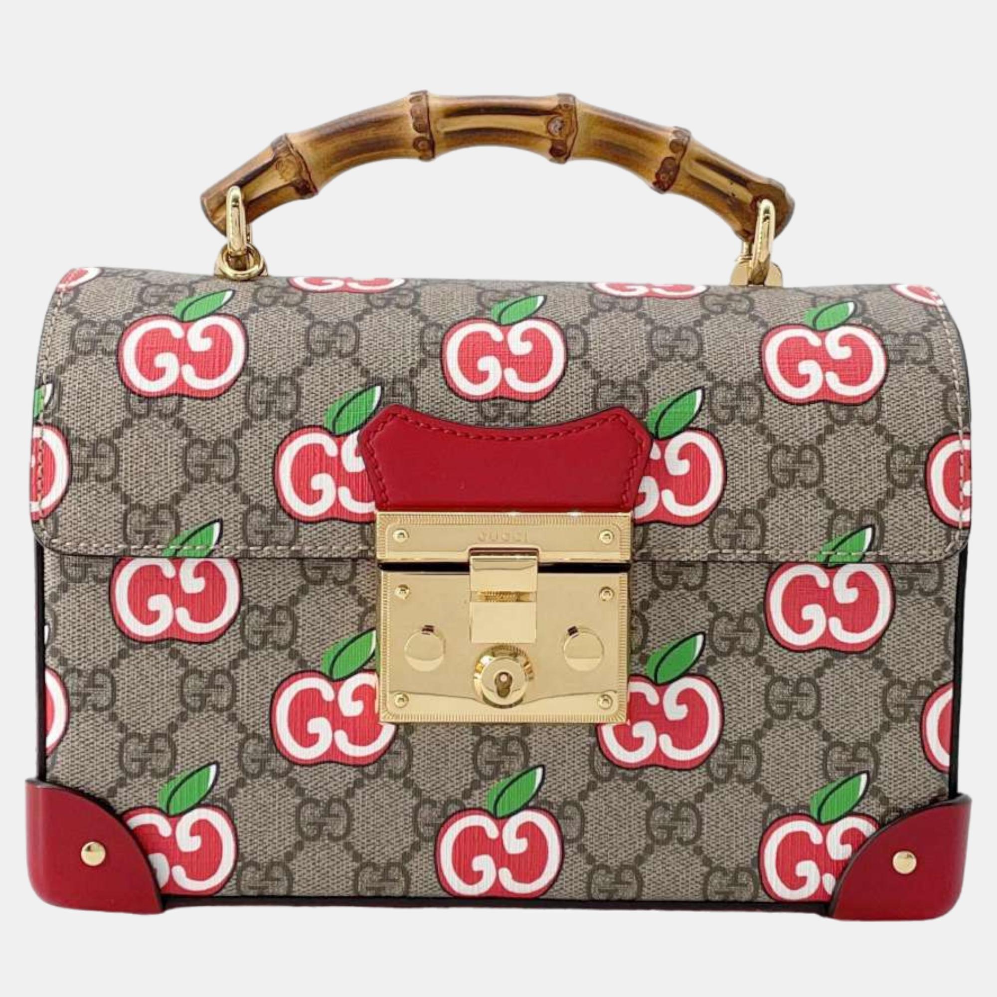 

Gucci Beige/Red GG Supreme Canvas and Leather Apple Bamboo Top Handle Bag