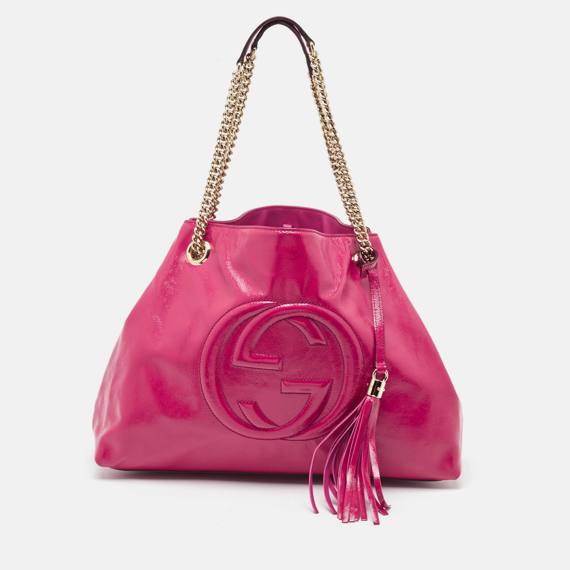Pre-owned Gucci Magenta Patent Leather Medium Soho Chain Tote In Pink