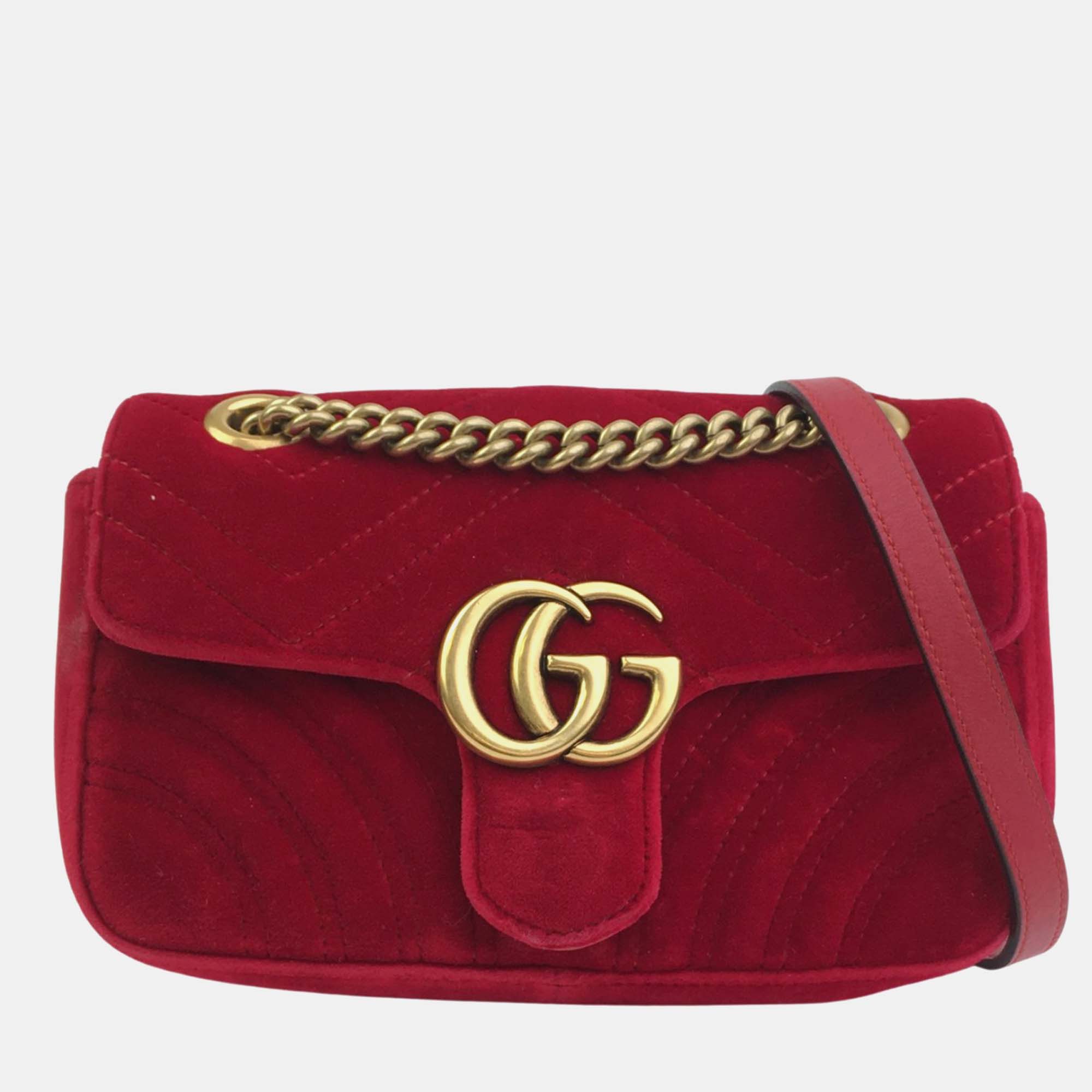 Pre-owned Gucci Red Velvet Mini Gg Marmont Shoulder Bag