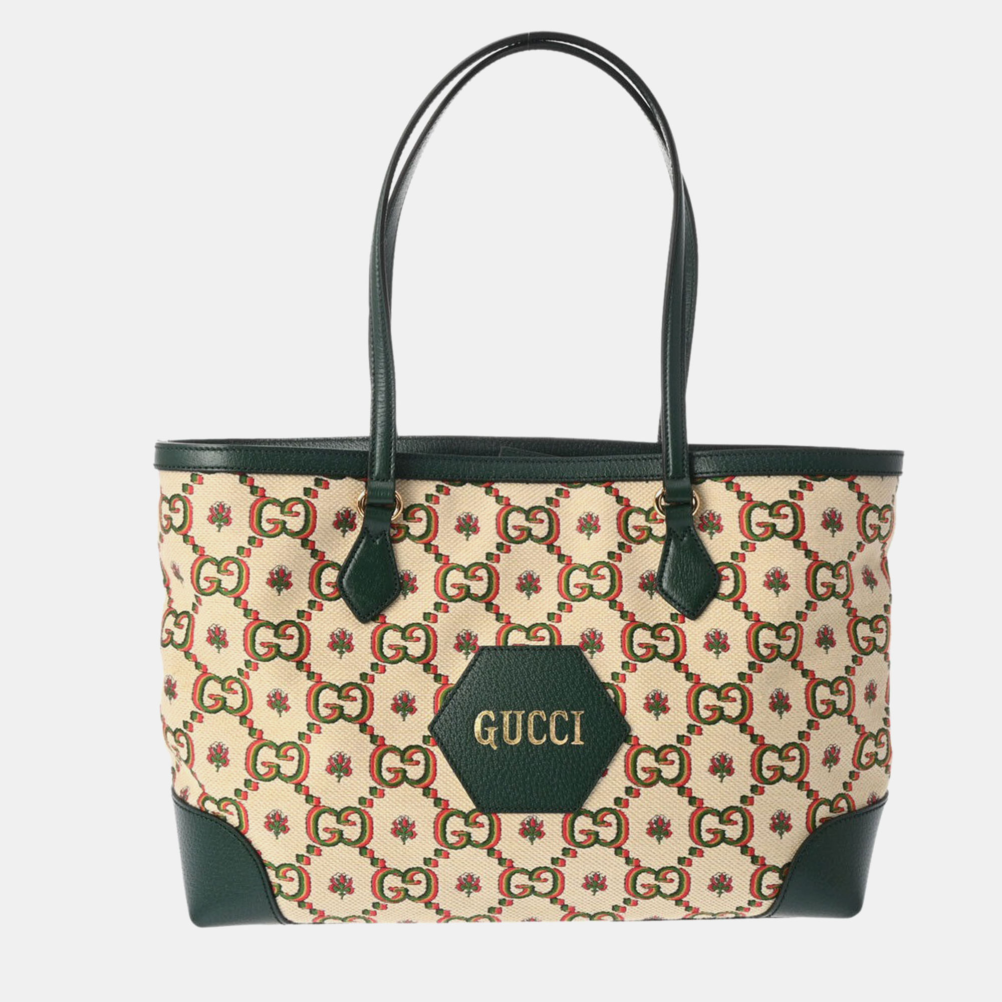 

Gucci Beige/Green Canvas and Leather 100th Anniversary Ophidia Tote Bag