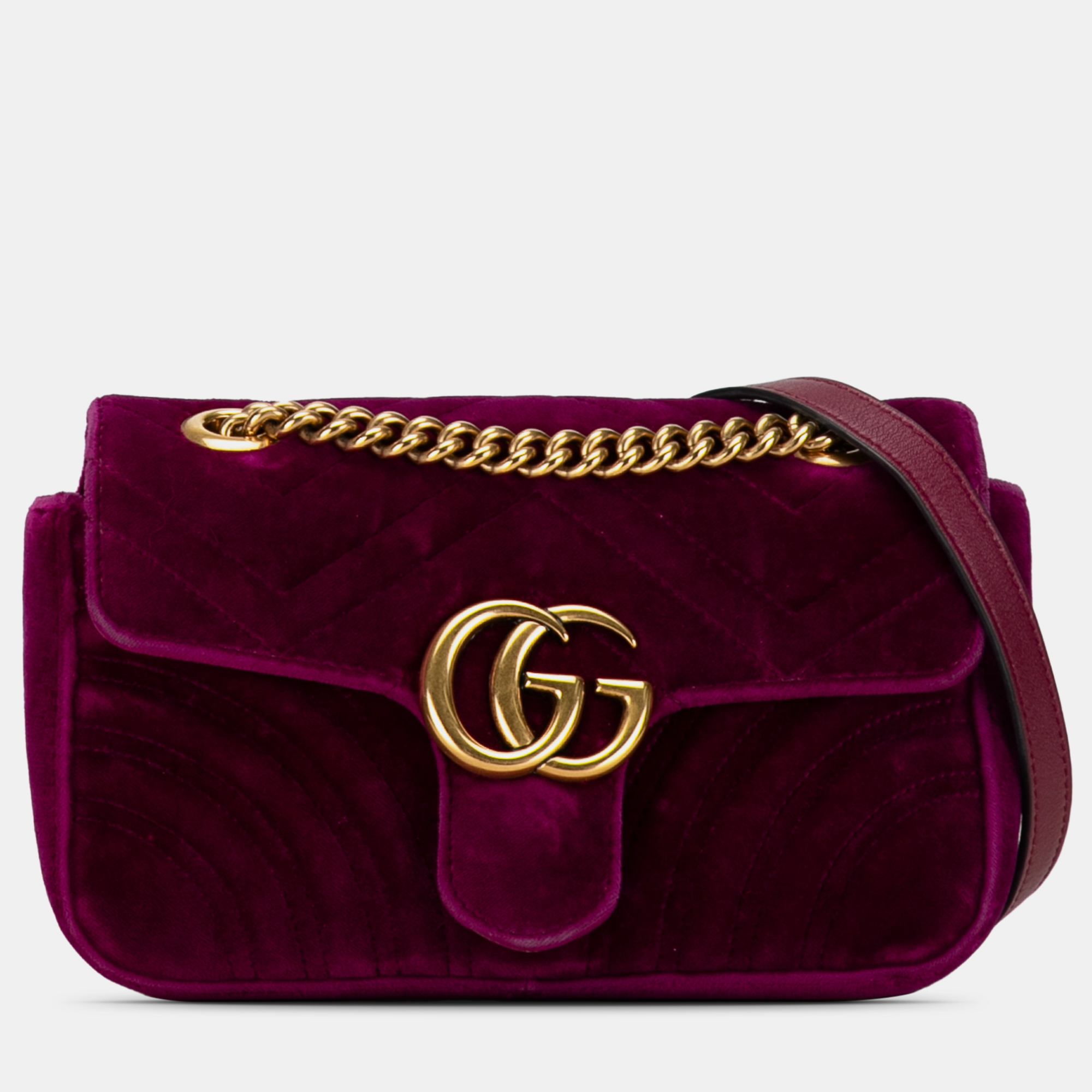 Pre-owned Gucci Mini Gg Marmont Matelasse Velvet Chain Crossbody In Purple