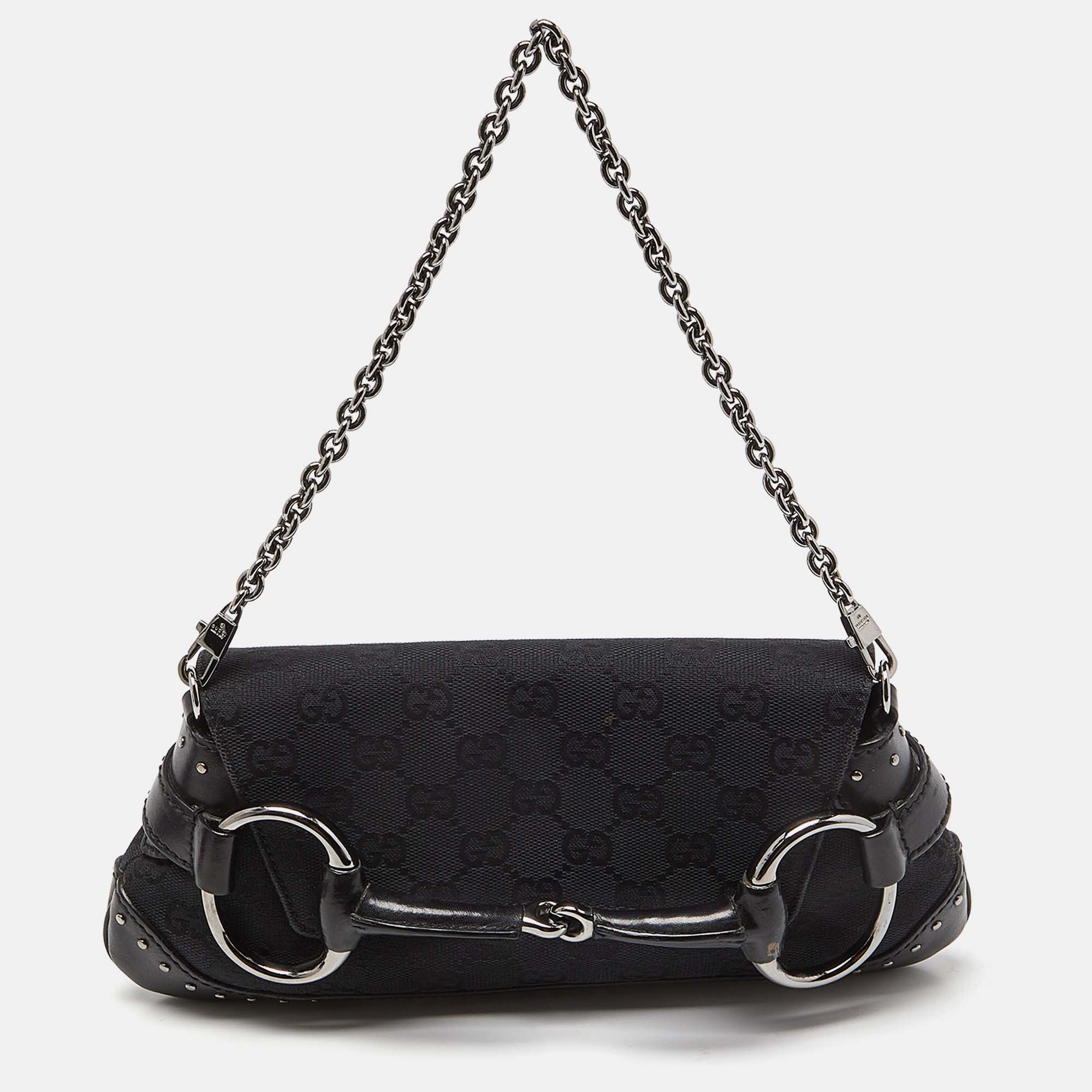 

Gucci Black GG Canvas and Leather Horsebit Chain Clutch