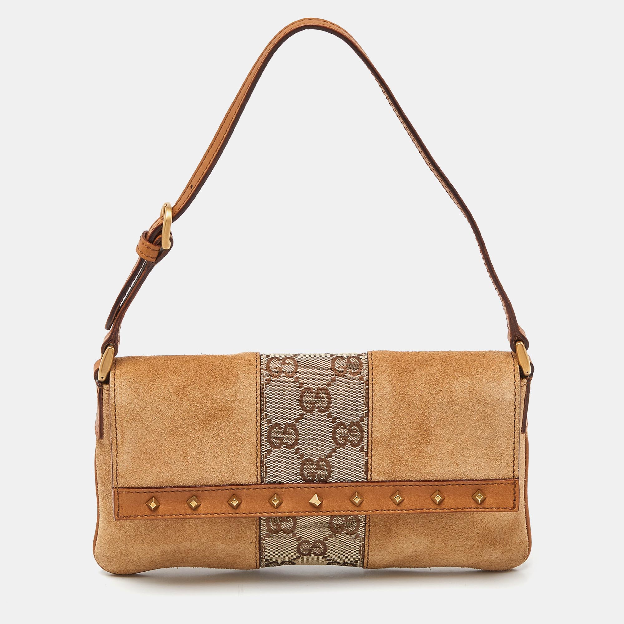 

Gucci Two Tone Beige GG Canvas, Suede and Leather Flap Pochette