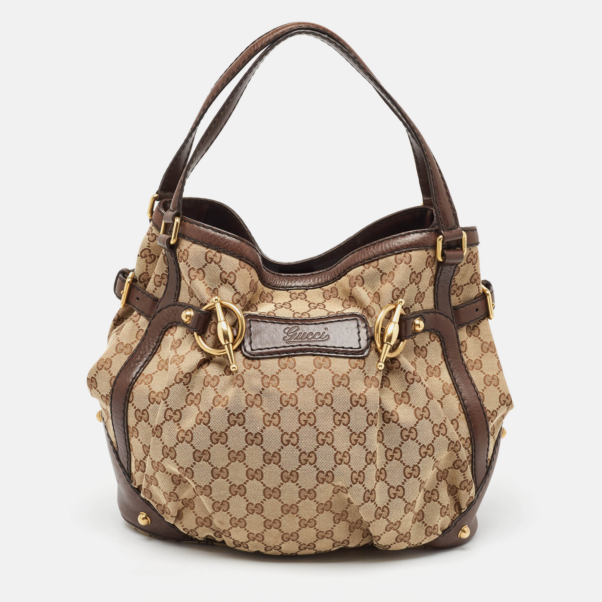 

Gucci Brown/Beige GG Canvas and Leather Horsebit Jockey Tote