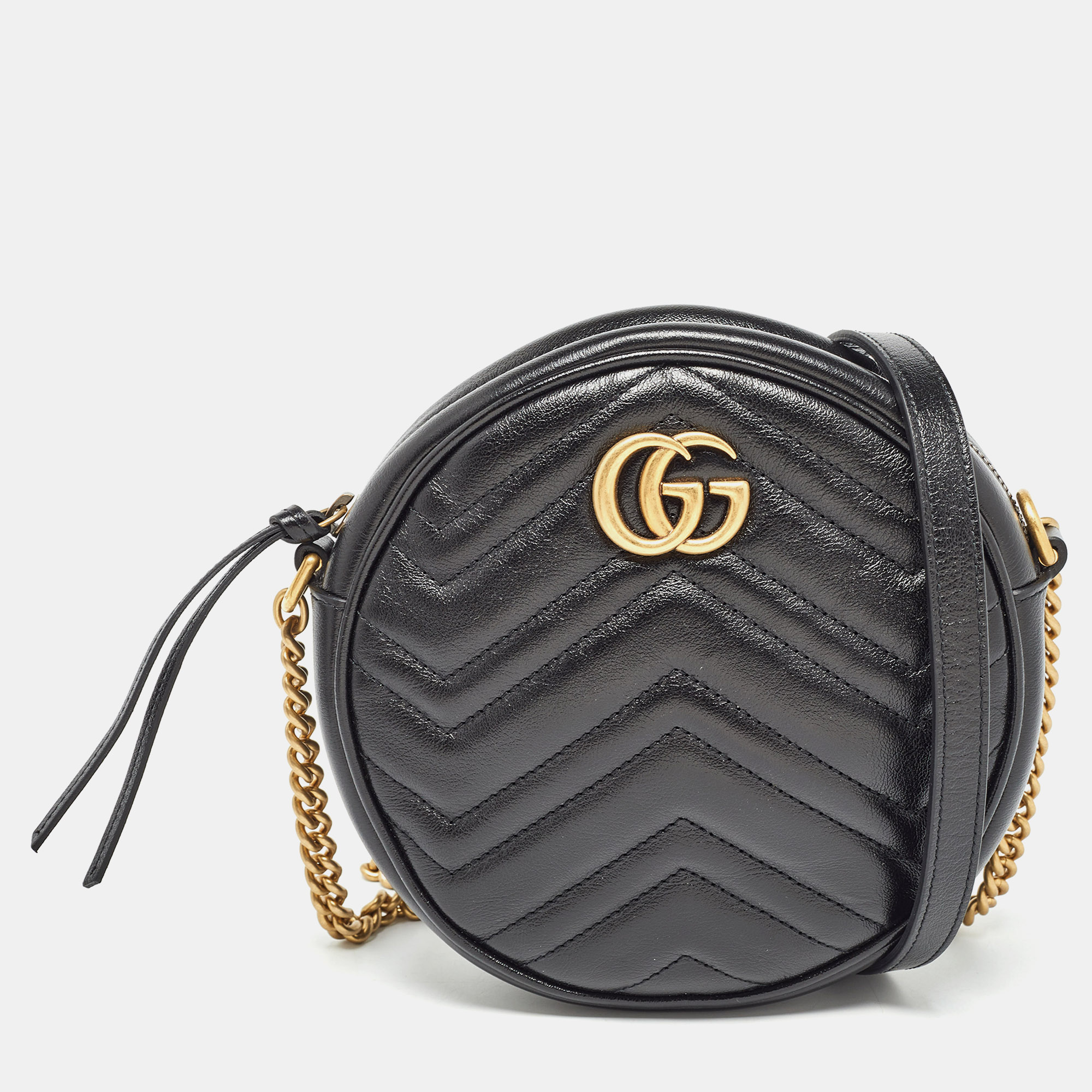 

Gucci Black Matelassé Leather Mini GG Marmont Round Shoulder Bag