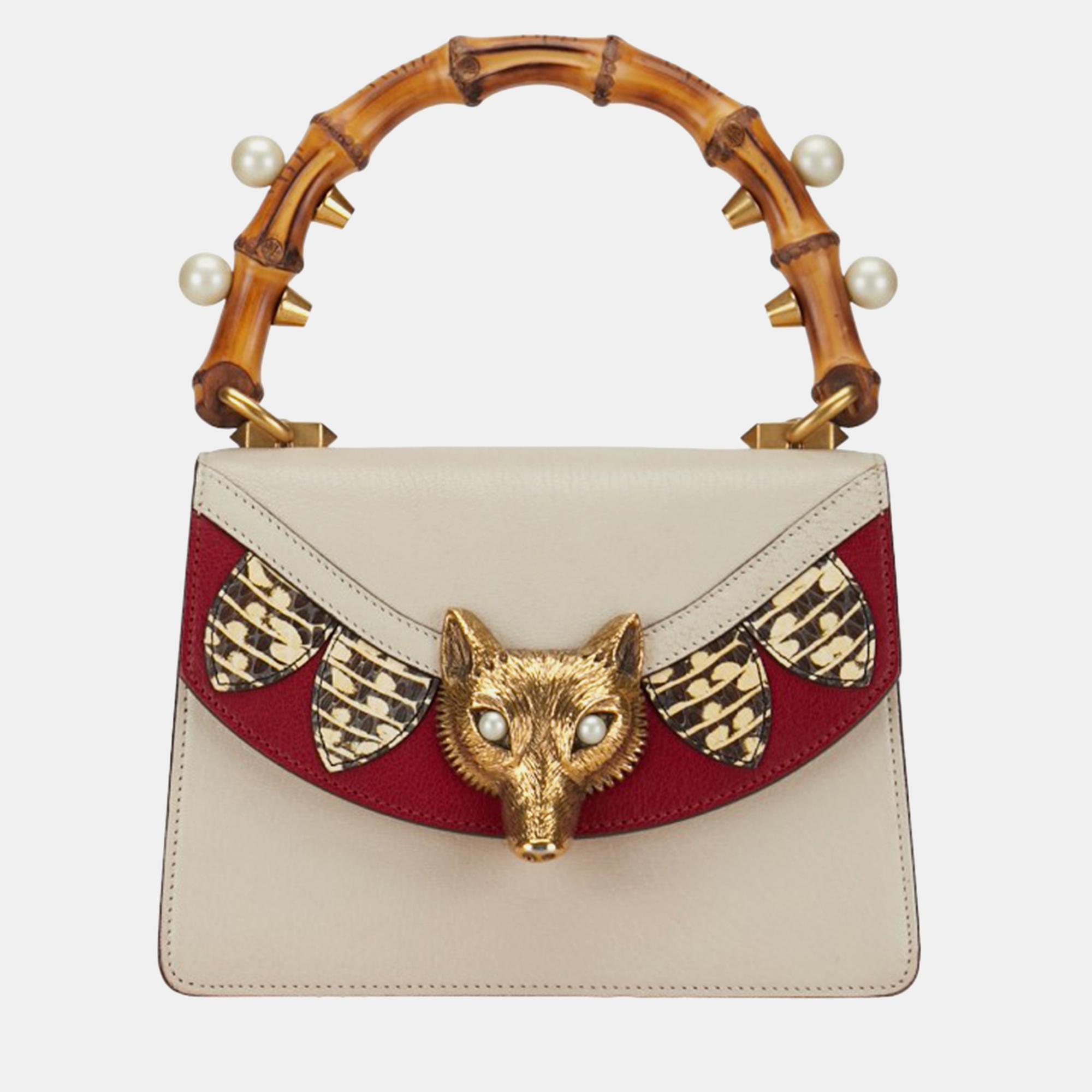 

Gucci White Leather Bamboo Foxhead Pearl Top Handle Bag