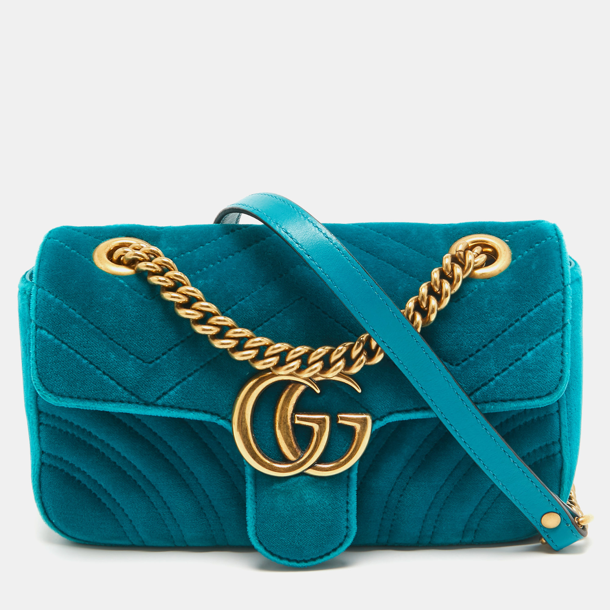 

Gucci Teal Matelassé Velvet Mini GG Marmont Shoulder Bag, Green