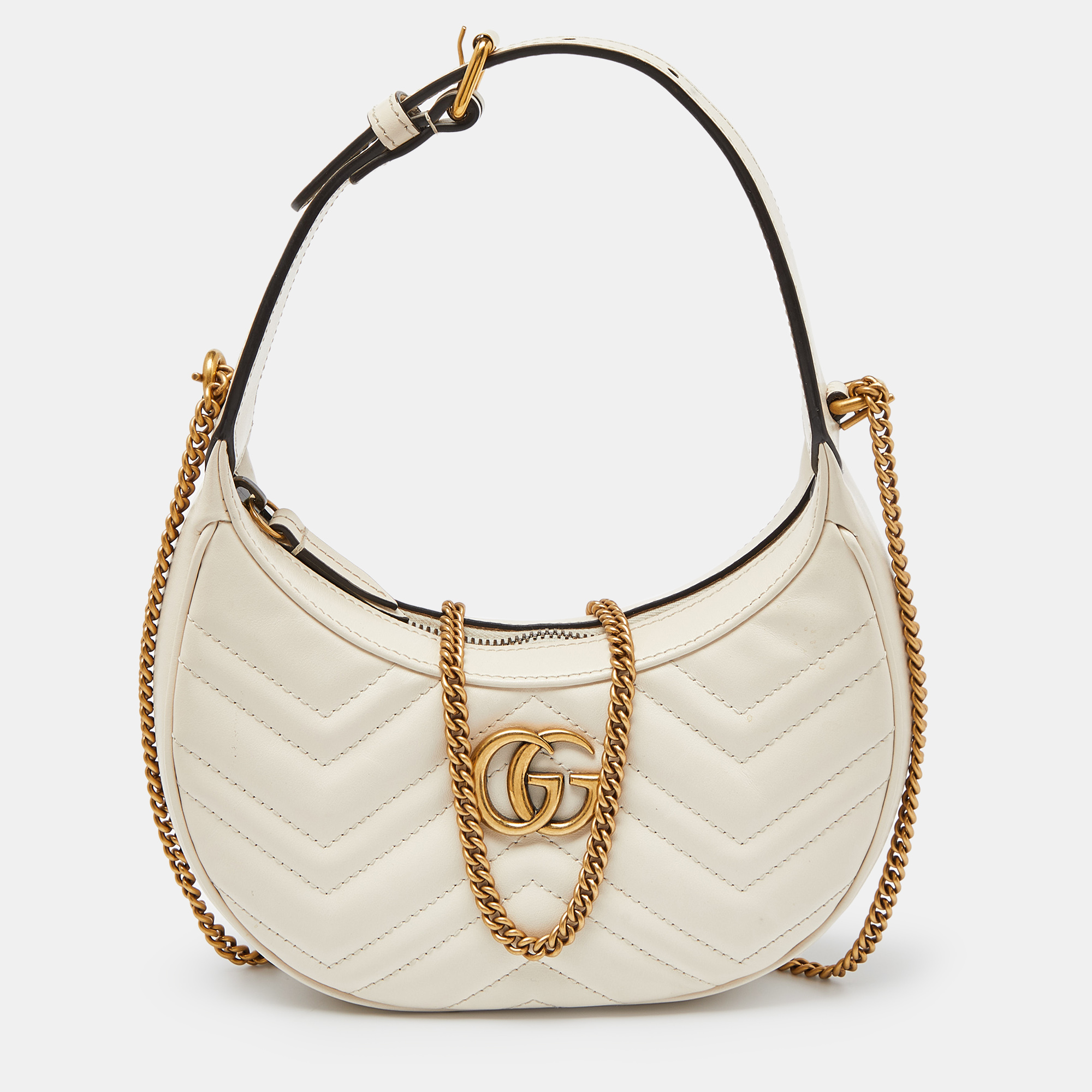 

Gucci Cream Matelassé Leather Mini GG Marmont Halfmoon Hobo