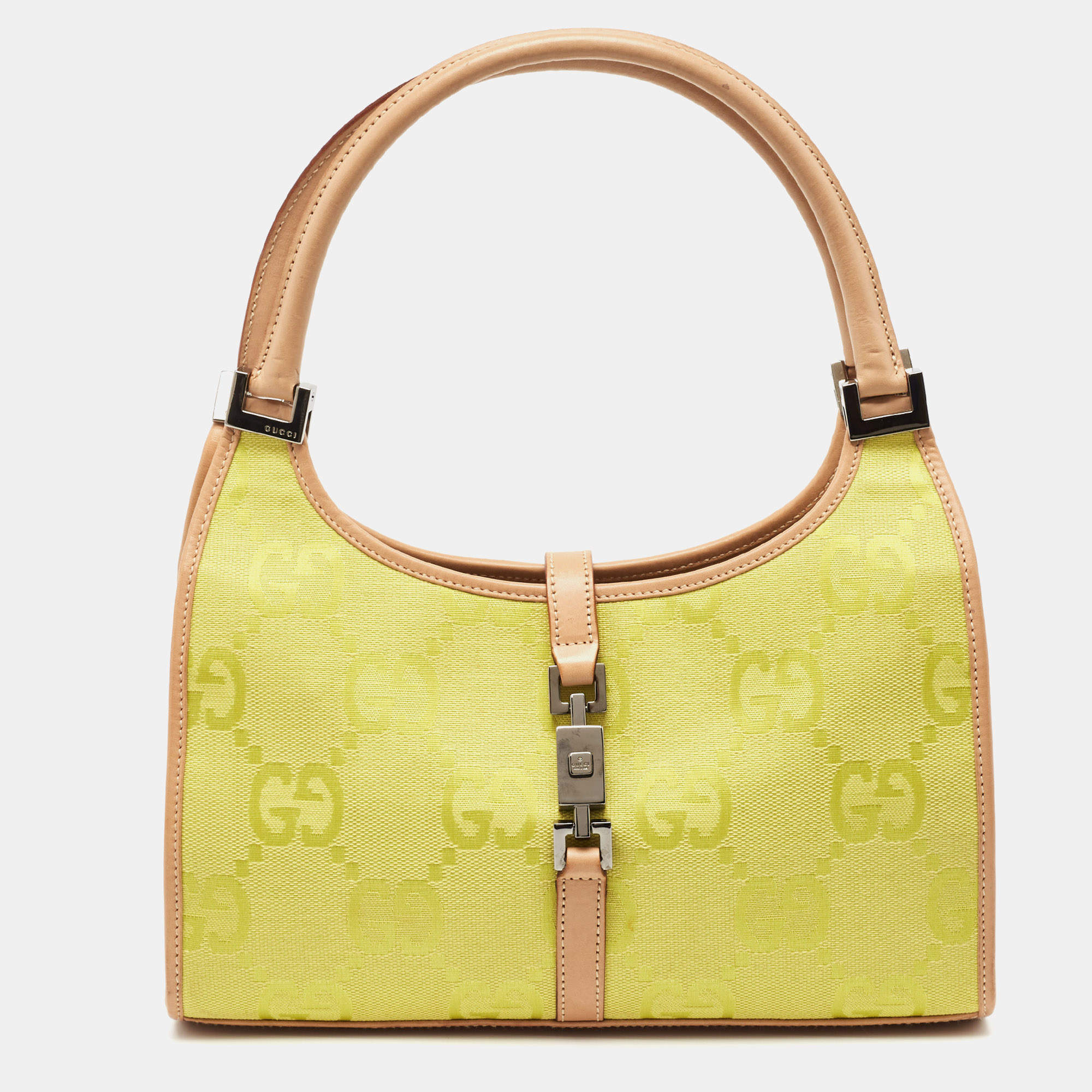 Pre-owned Gucci Natural/neon Yellow/ Jumbo Gg Canvas Jackie Tote W/ Wallet