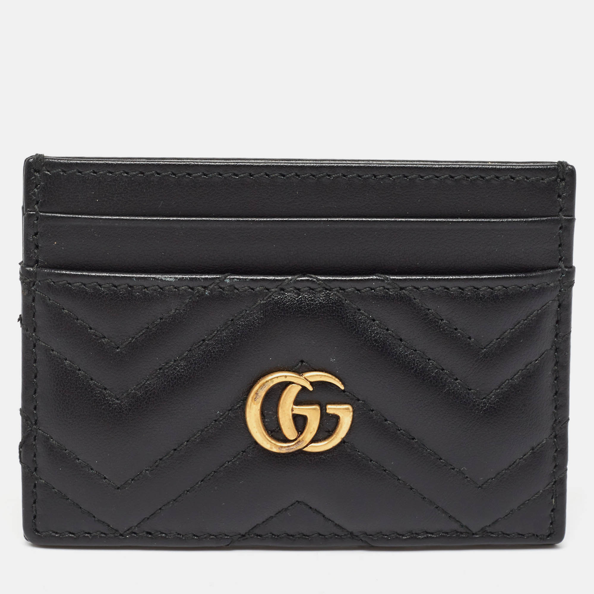 Pre-owned Gucci Black Matelassé Leather Gg Marmont Card Holder