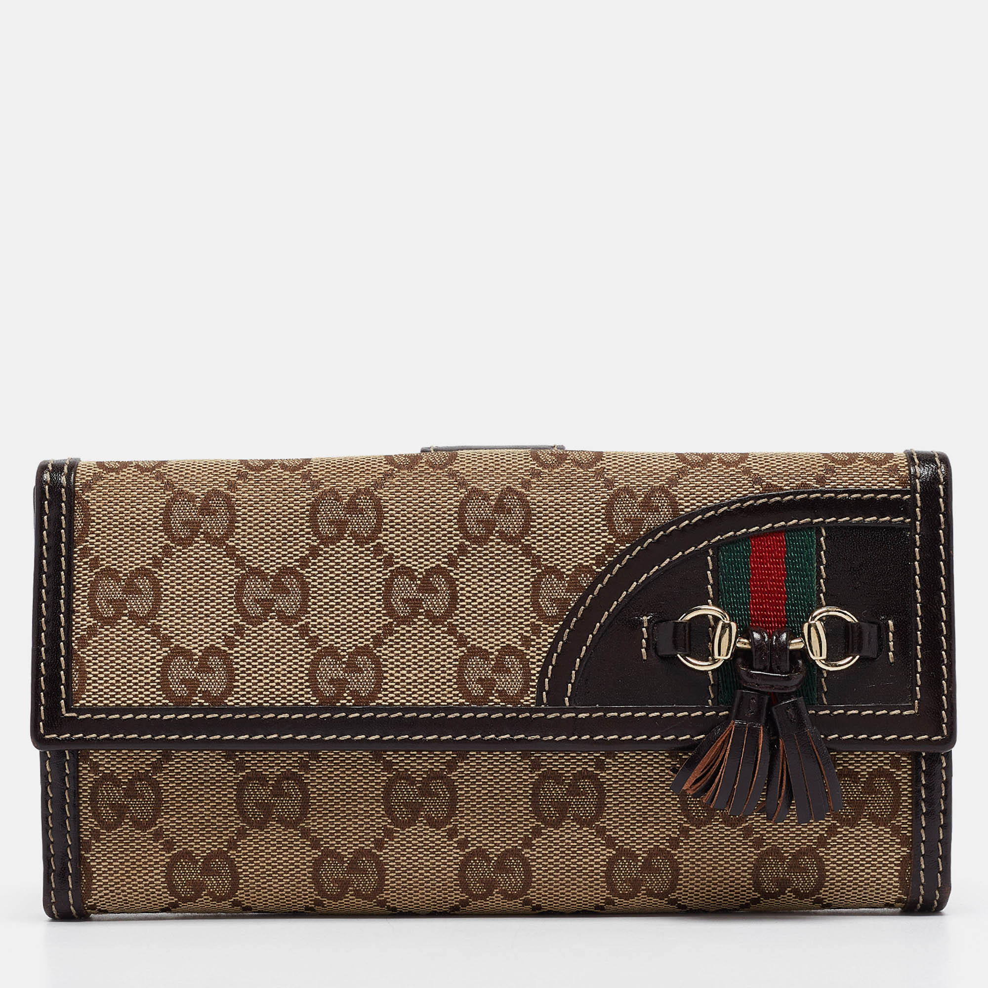 

Gucci Beige/Brown GG Canvas and Leather Horsebit Tassel Continental Wallet