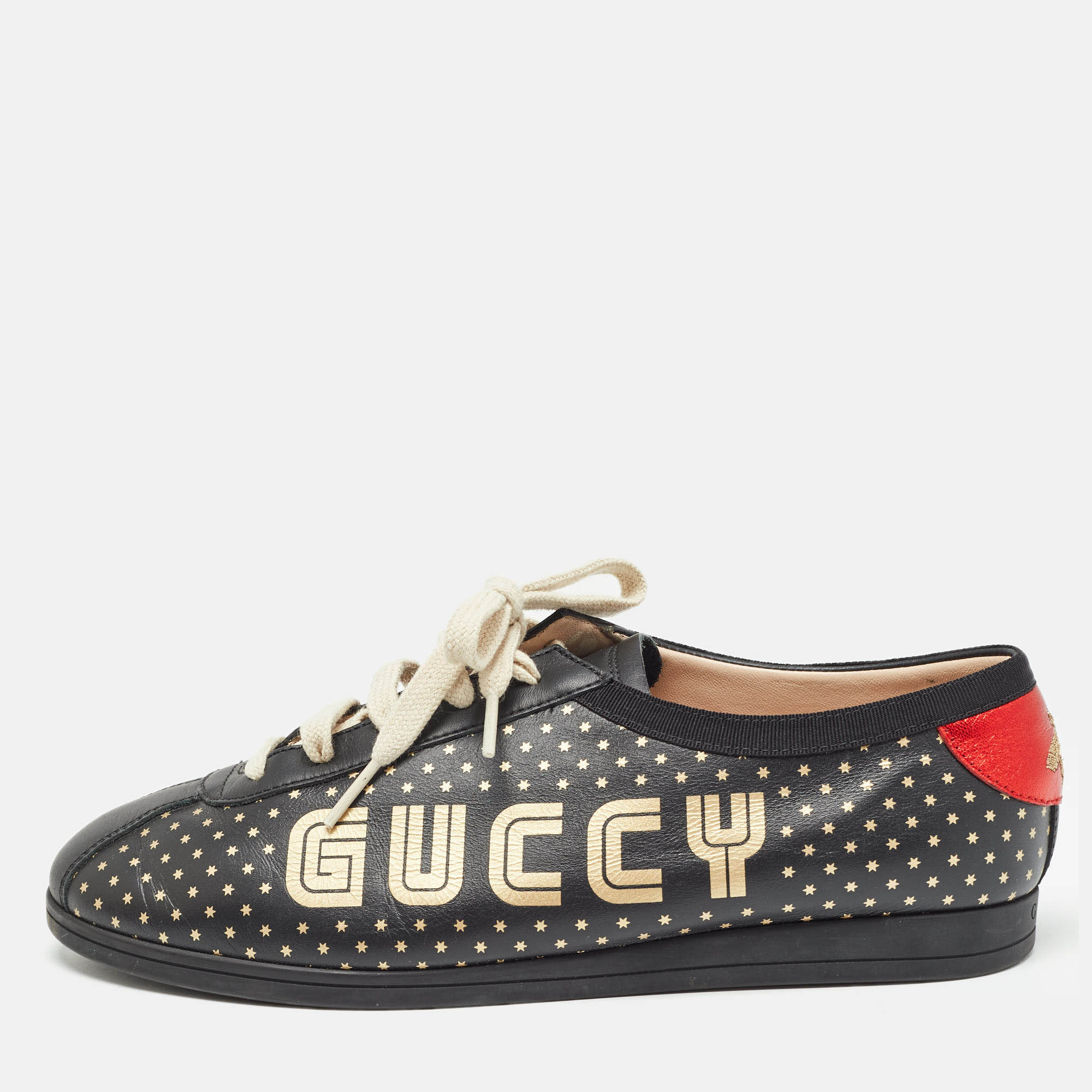 Pre-owned Gucci Black Leather Guccy Stars Falacer Sneakers Size 38