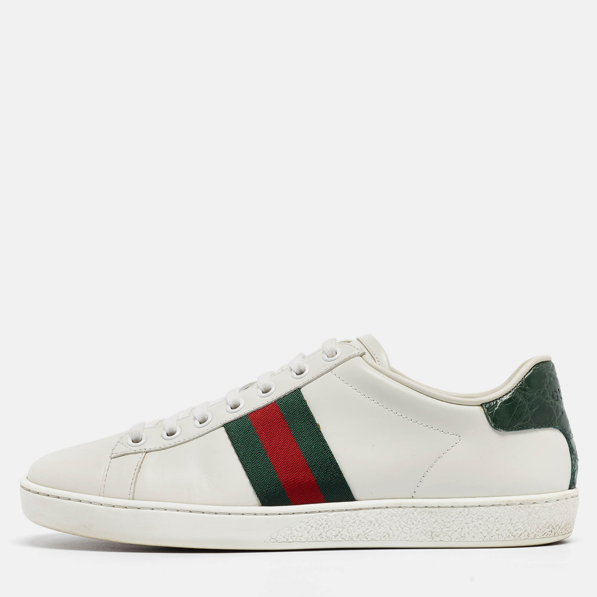 

Gucci White/Green Leather and Crocodile Ace Web Sneakers Size