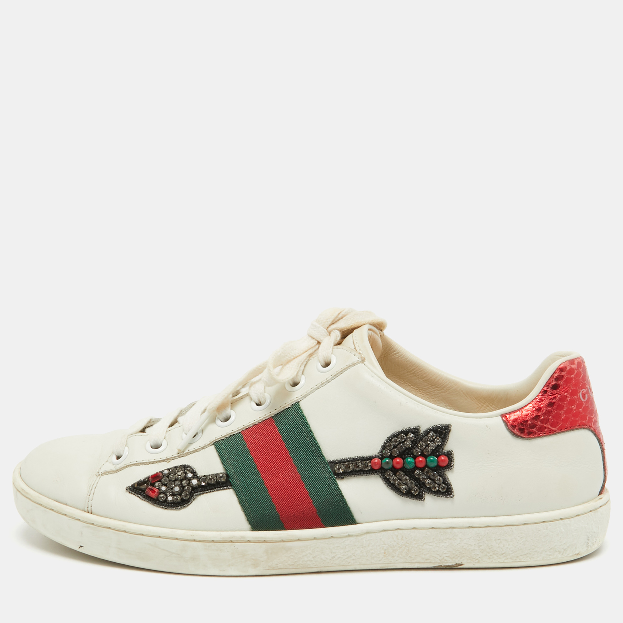 

Gucci White Leather Embellished Arrow Ace Sneakers Size