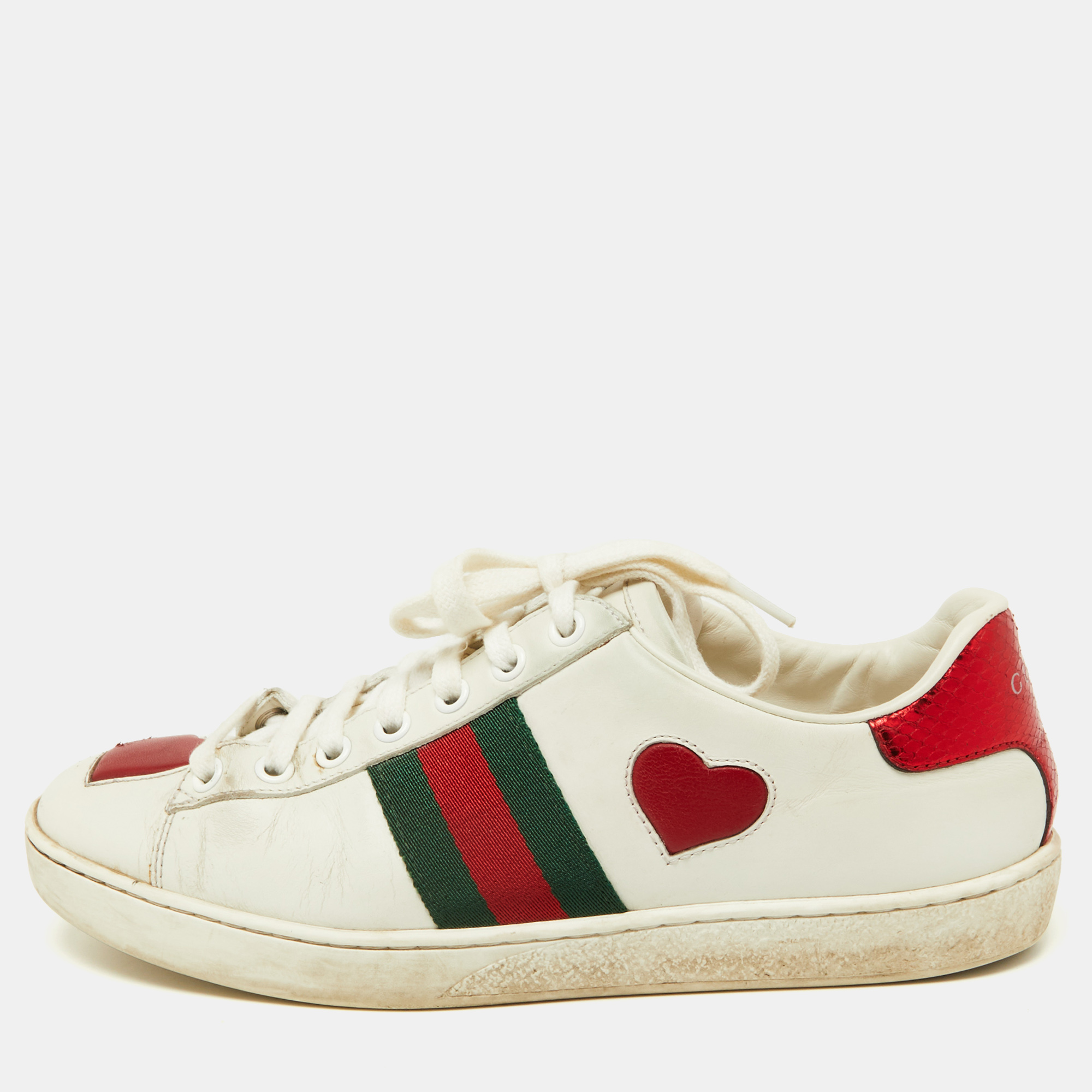 

Gucci White Leather Ace Heart Web Low Top Sneakers Size
