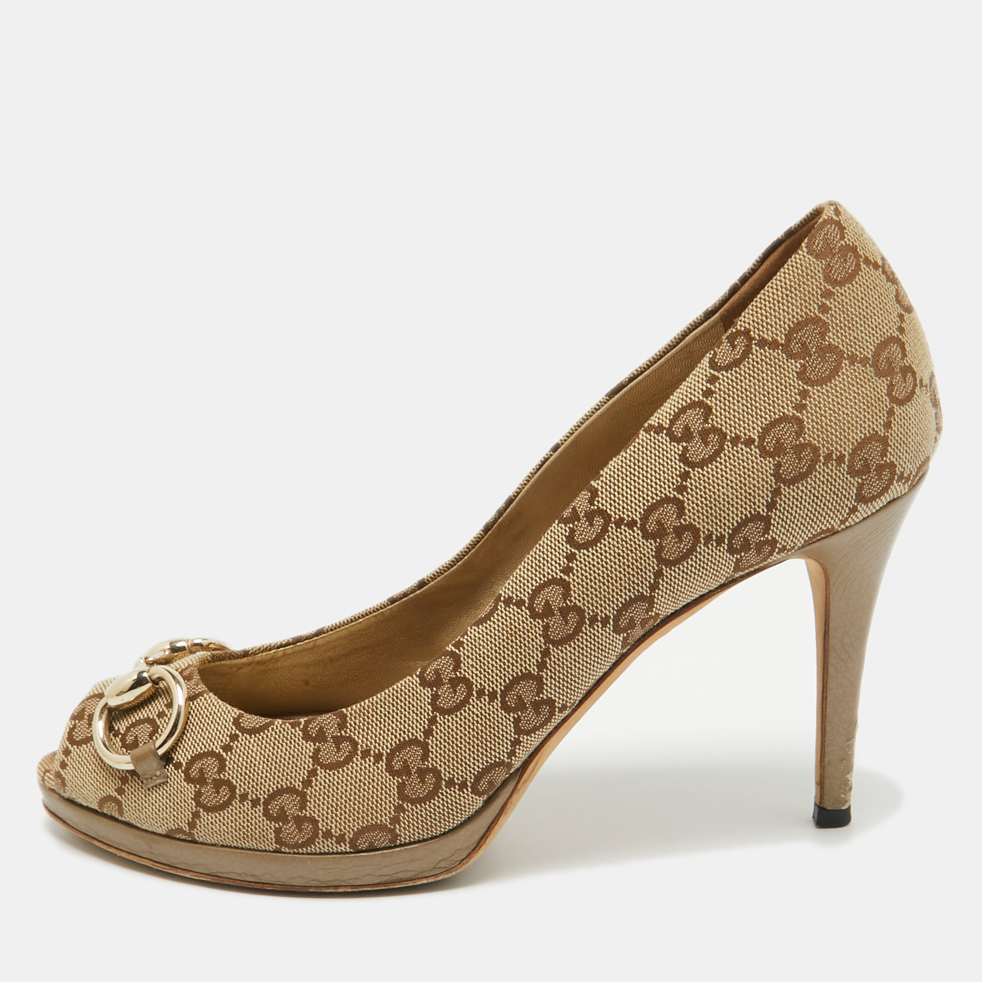 

Gucci Beige GG Canvas and Leather Peep Toe Pumps Size