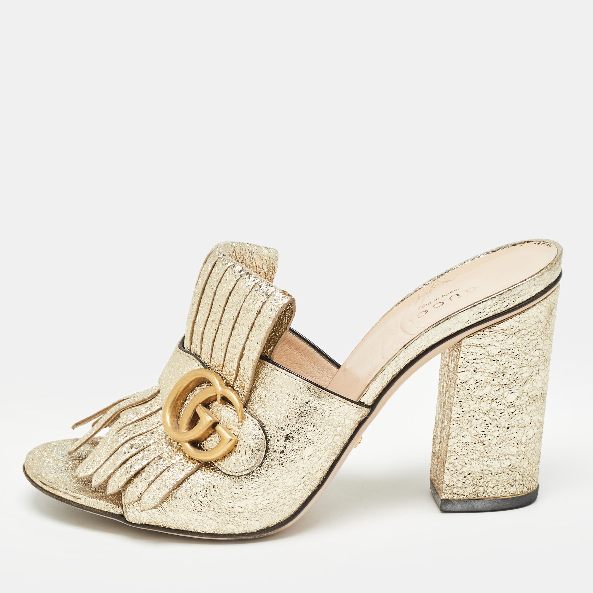 

Gucci Gold Leather GG Marmont Slide Sandals Size
