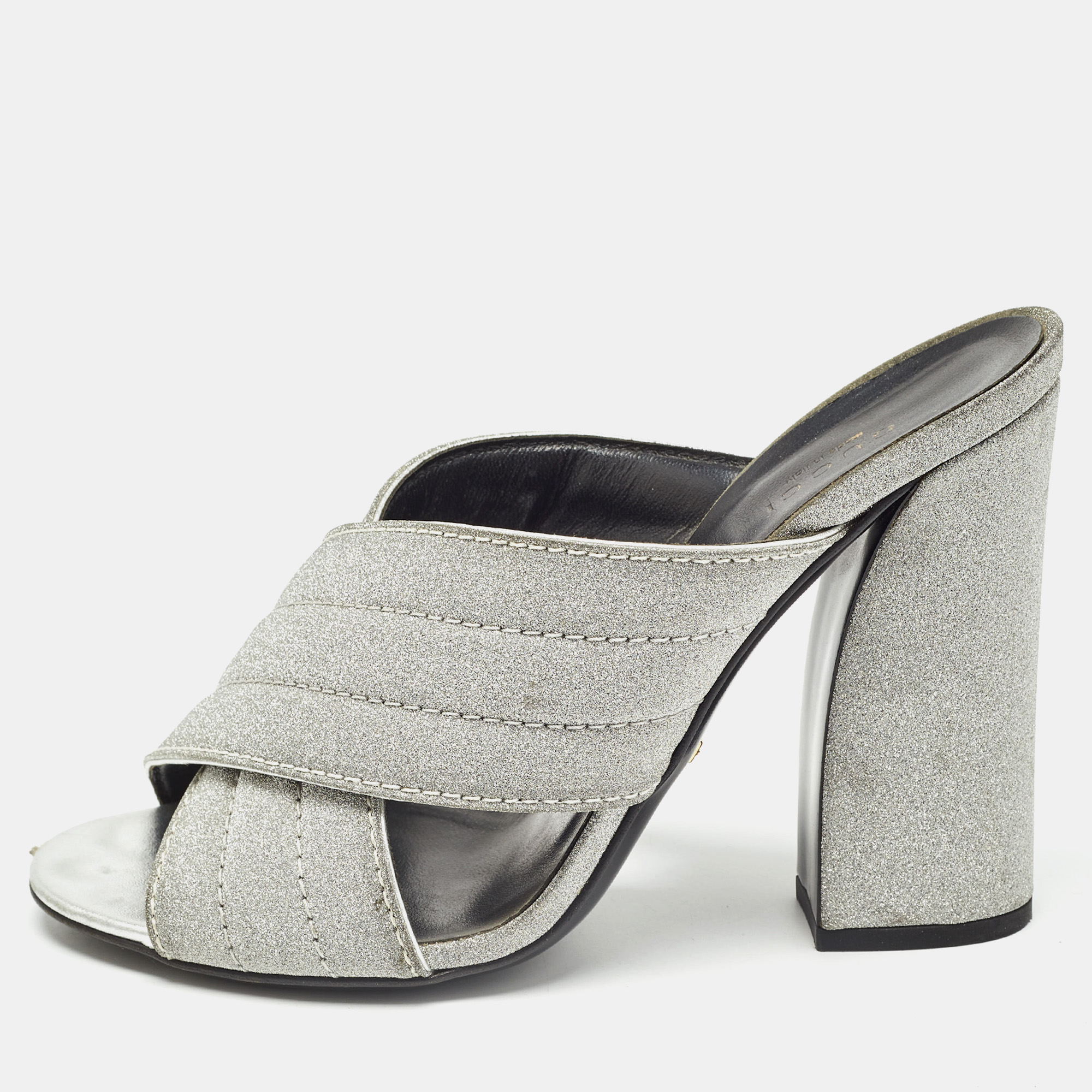 

Gucci Silver Glitter Webby Slide Sandals Size