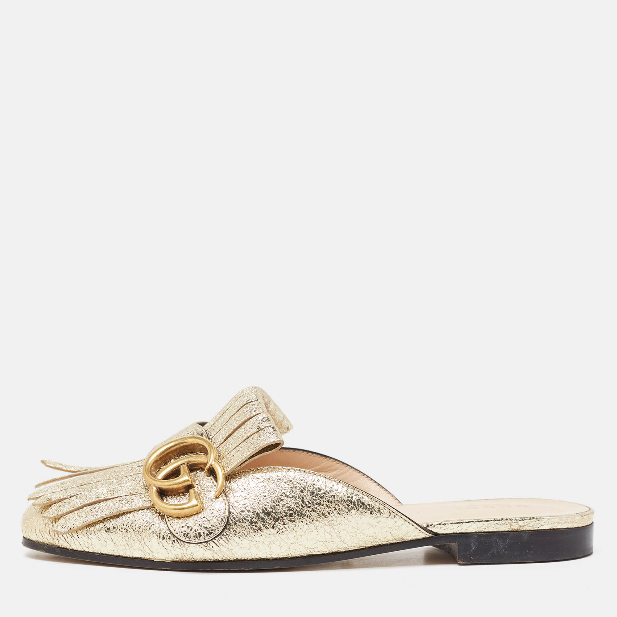 

Gucci Gold Crackle Leather GG Marmont Fringe Flat Mules Size