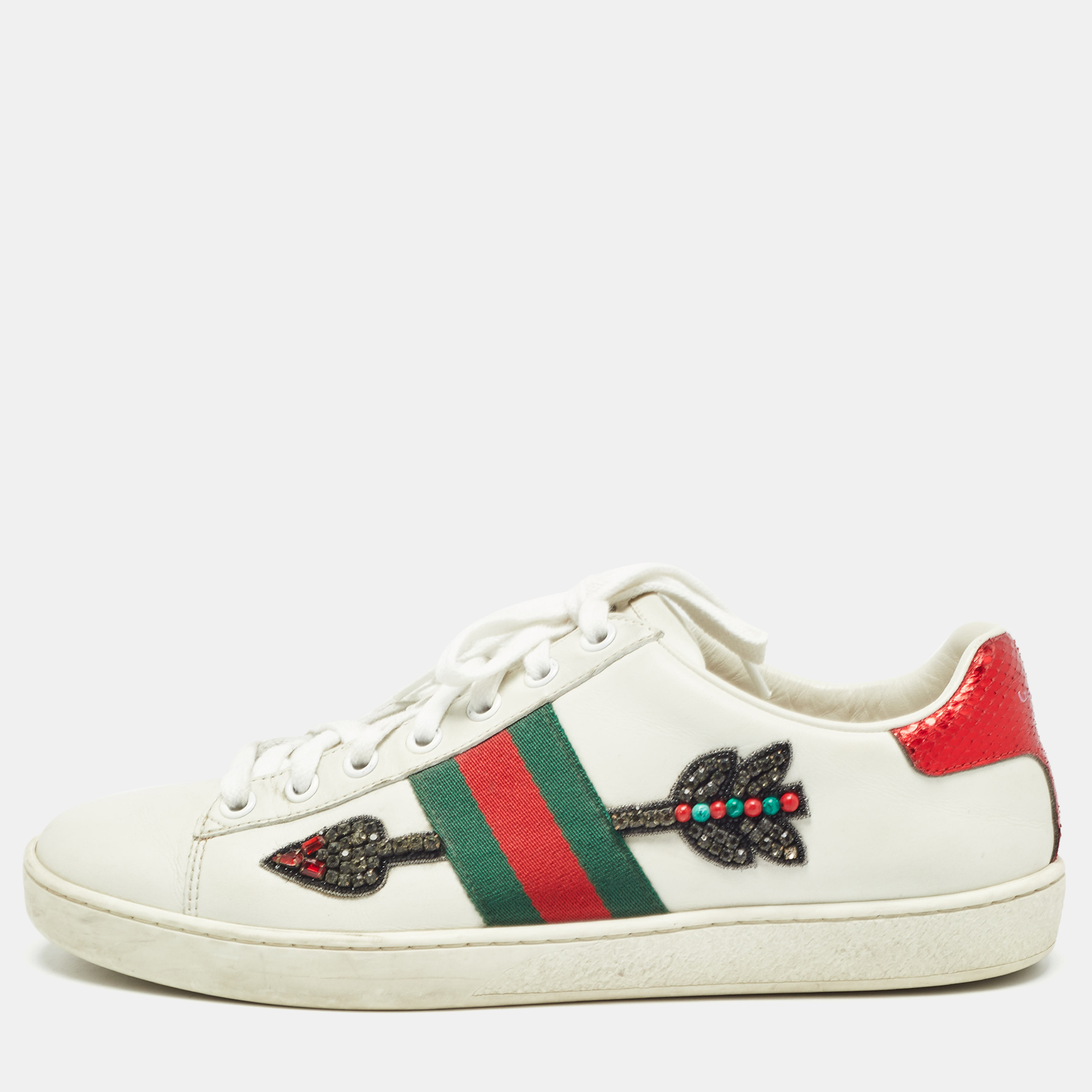 

Gucci White Leather Embellished Arrow Ace Sneakers Size