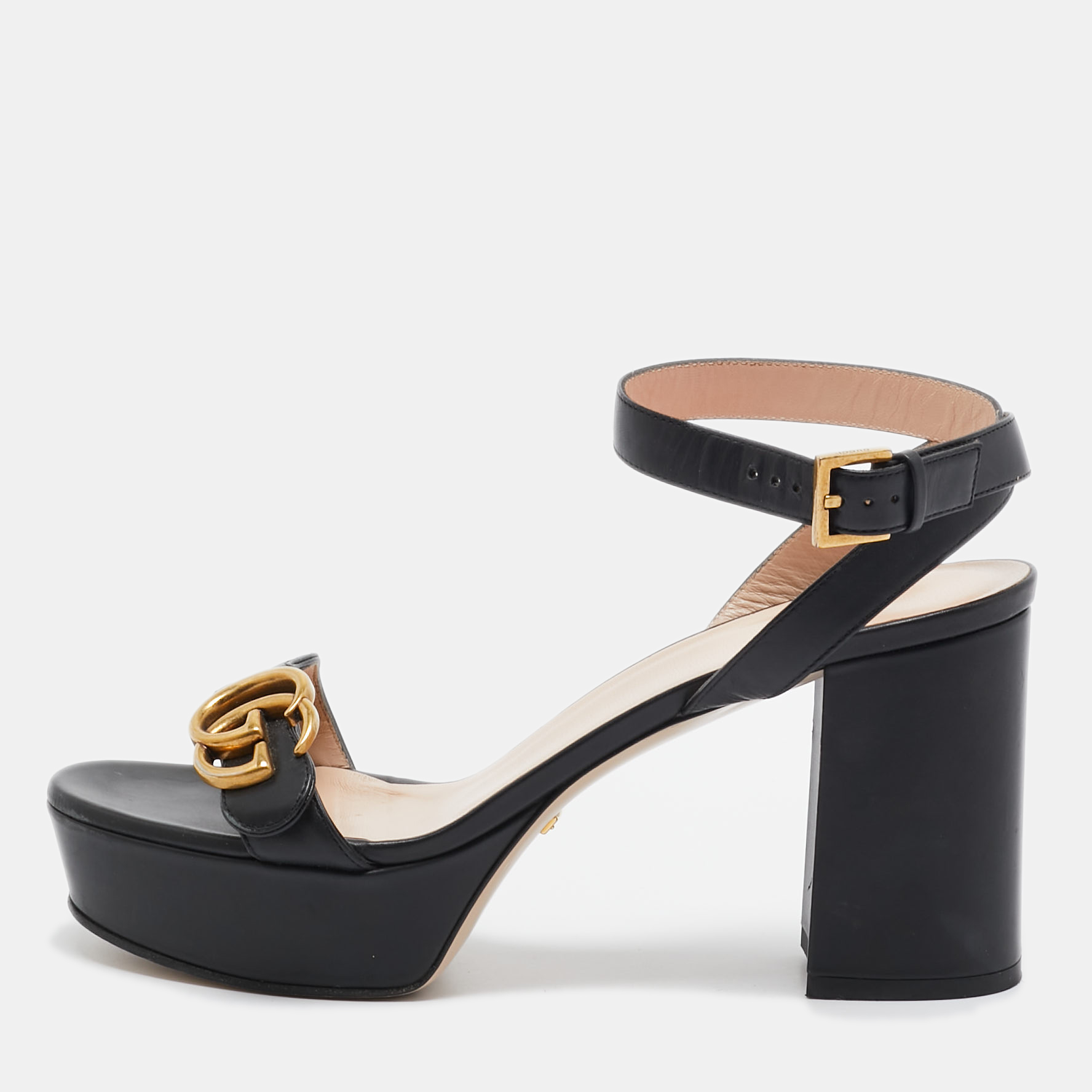 

Gucci Black Leather GG Marmont Platform Block Heel Ankle Strap Sandals Size