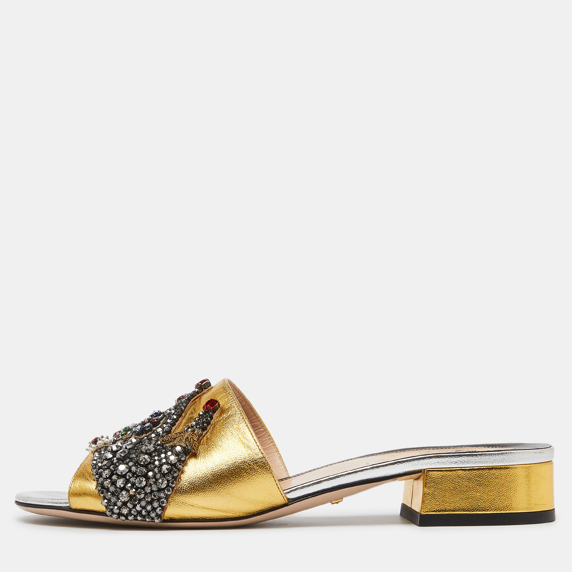 

Gucci Gold Leather Crystal Embellished Slide Sandals Size