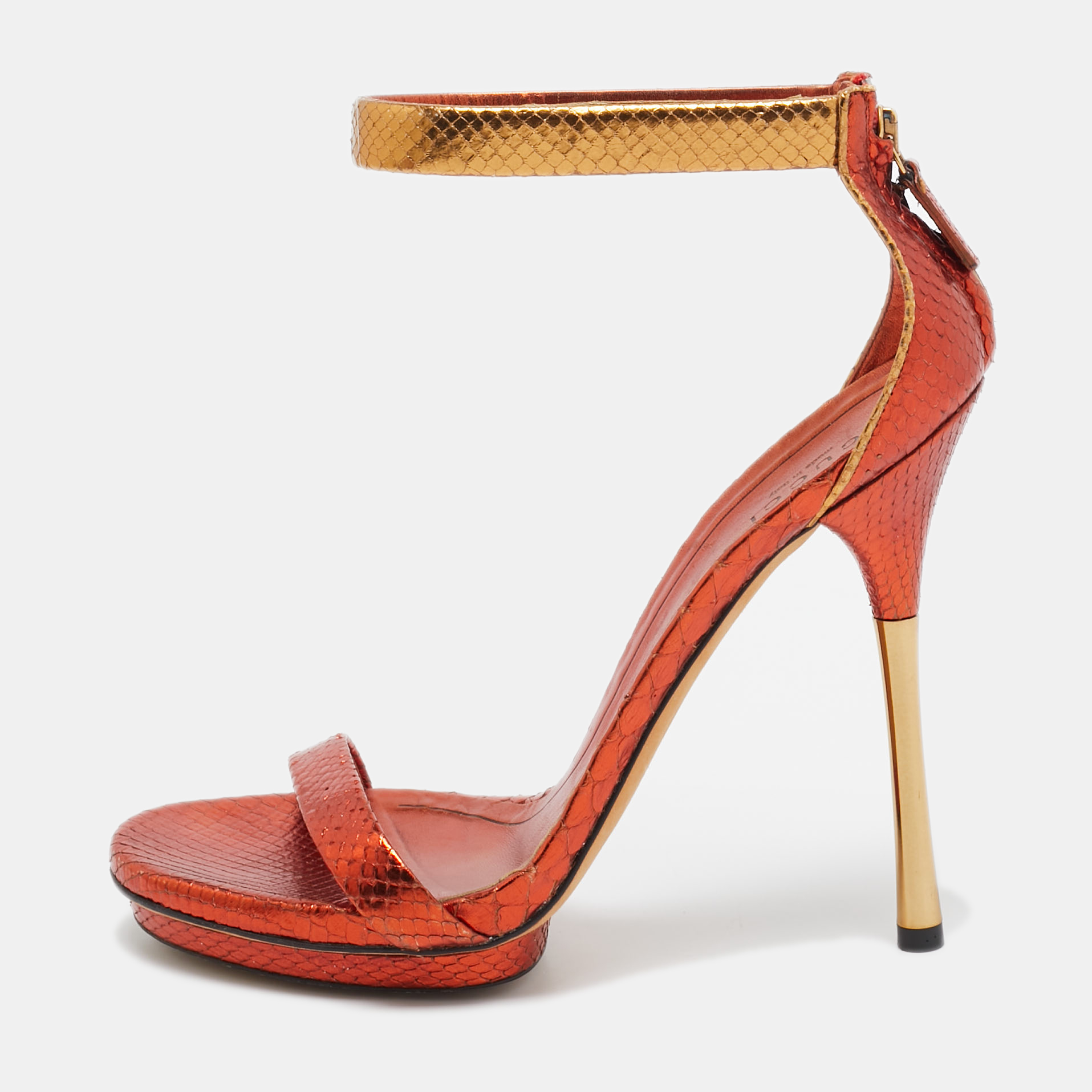 

Gucci Metallic Orange/Gold Python Kelis Sandals Size