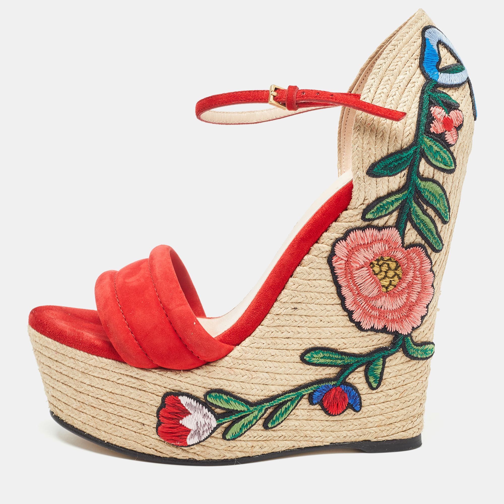 

Gucci Red/Beige Suede Floral Embroidered Espadrille Wedge Platform Ankle Strap Sandals Size