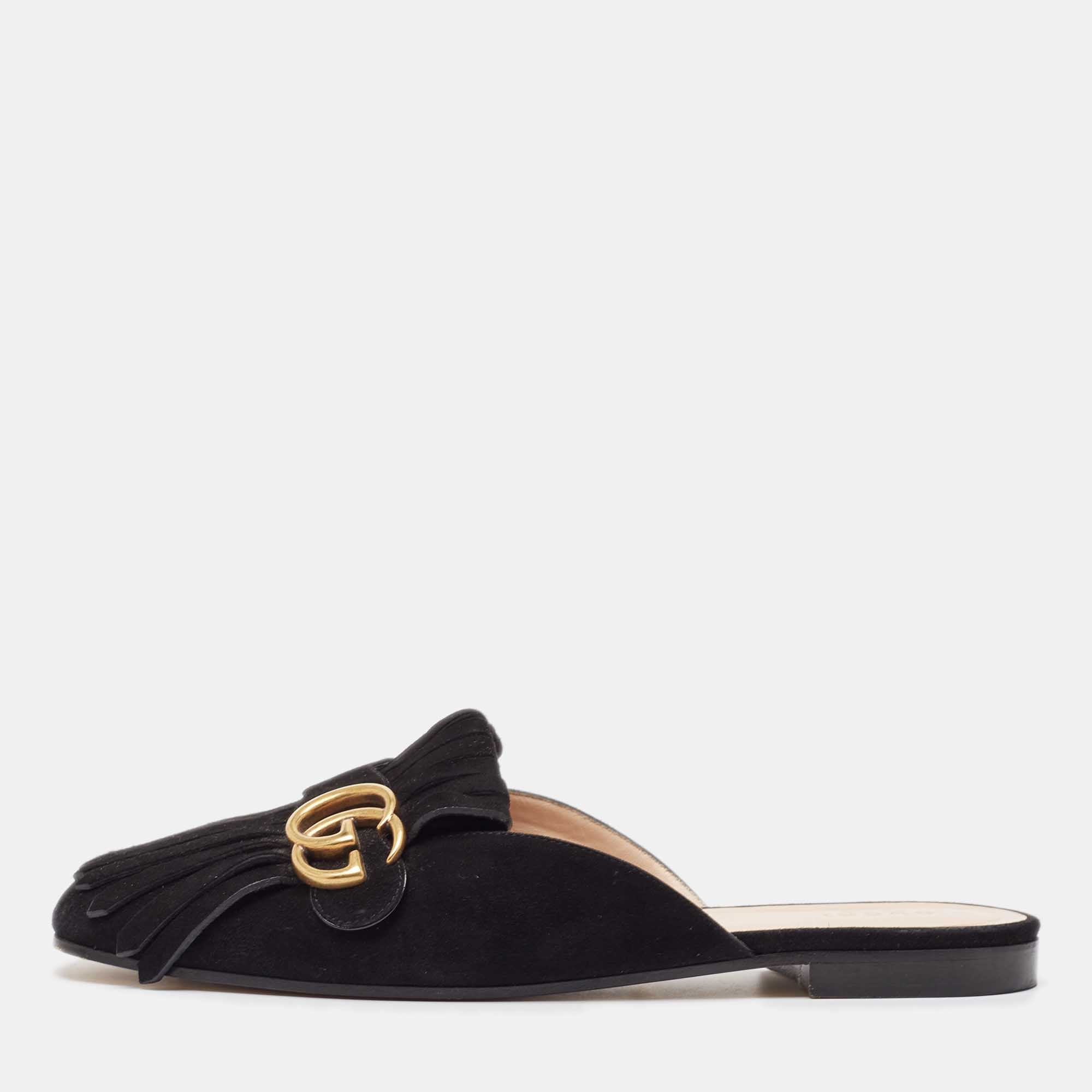 

Gucci Black Suede GG Marmont Fringed Flat Mules Size