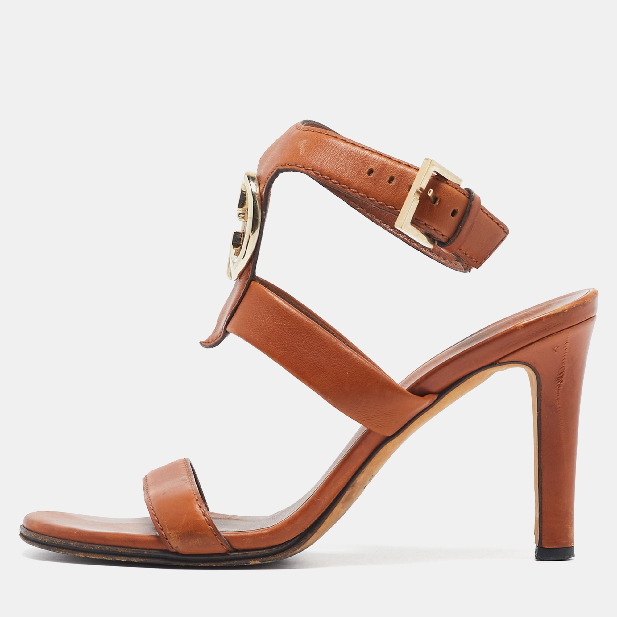 Pre-owned Gucci Brown Leather Ankle Strap Sandals Size 37