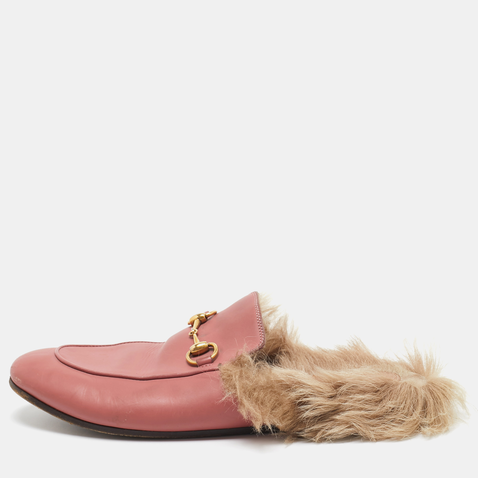 

Gucci Pink Leather Fur Lined Princetown Flat Mules Size