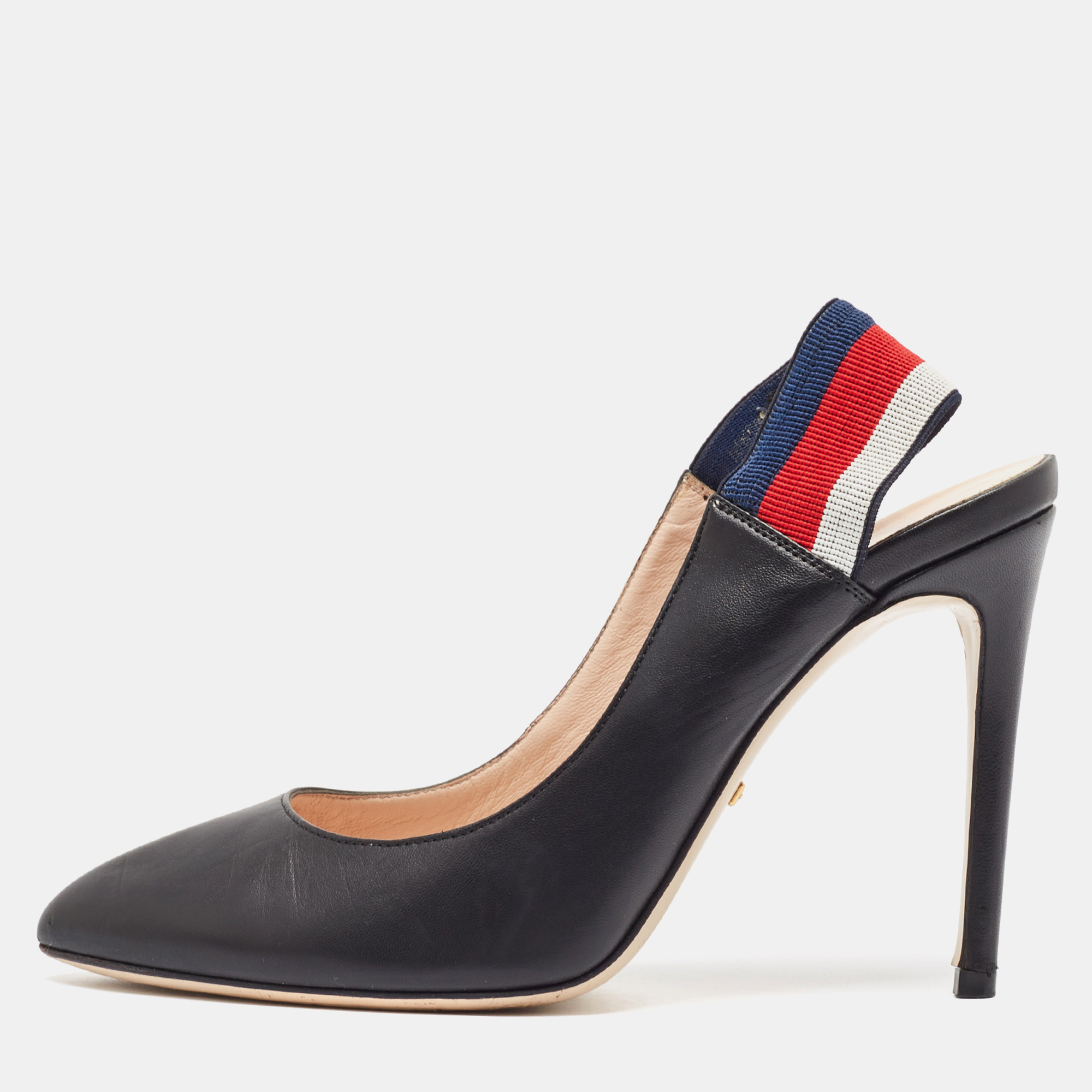 

Gucci Black Leather Sylvie Web Slingback Pumps Size