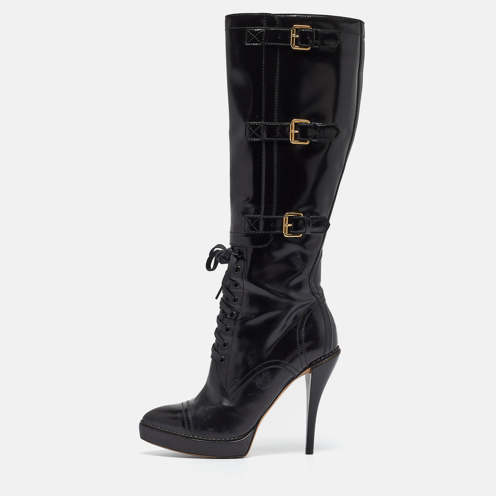 Pre-owned Gucci Black Leather Riddle Lace-up Platform Knee Boots Size 38.5